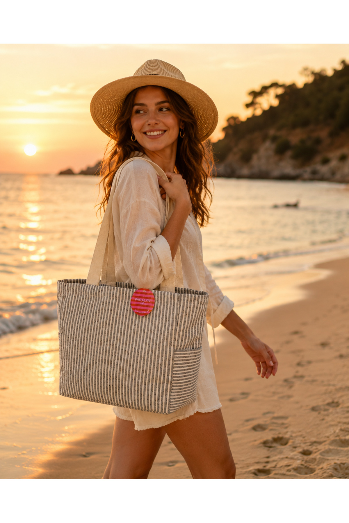 Double Handle Short and Long Handle Navy Blue Striped 70% Cotton 30% Polyester Double Pockets 50*42 Size Shoulder Bag Multi-Purpose Women's Bag Beach Bag