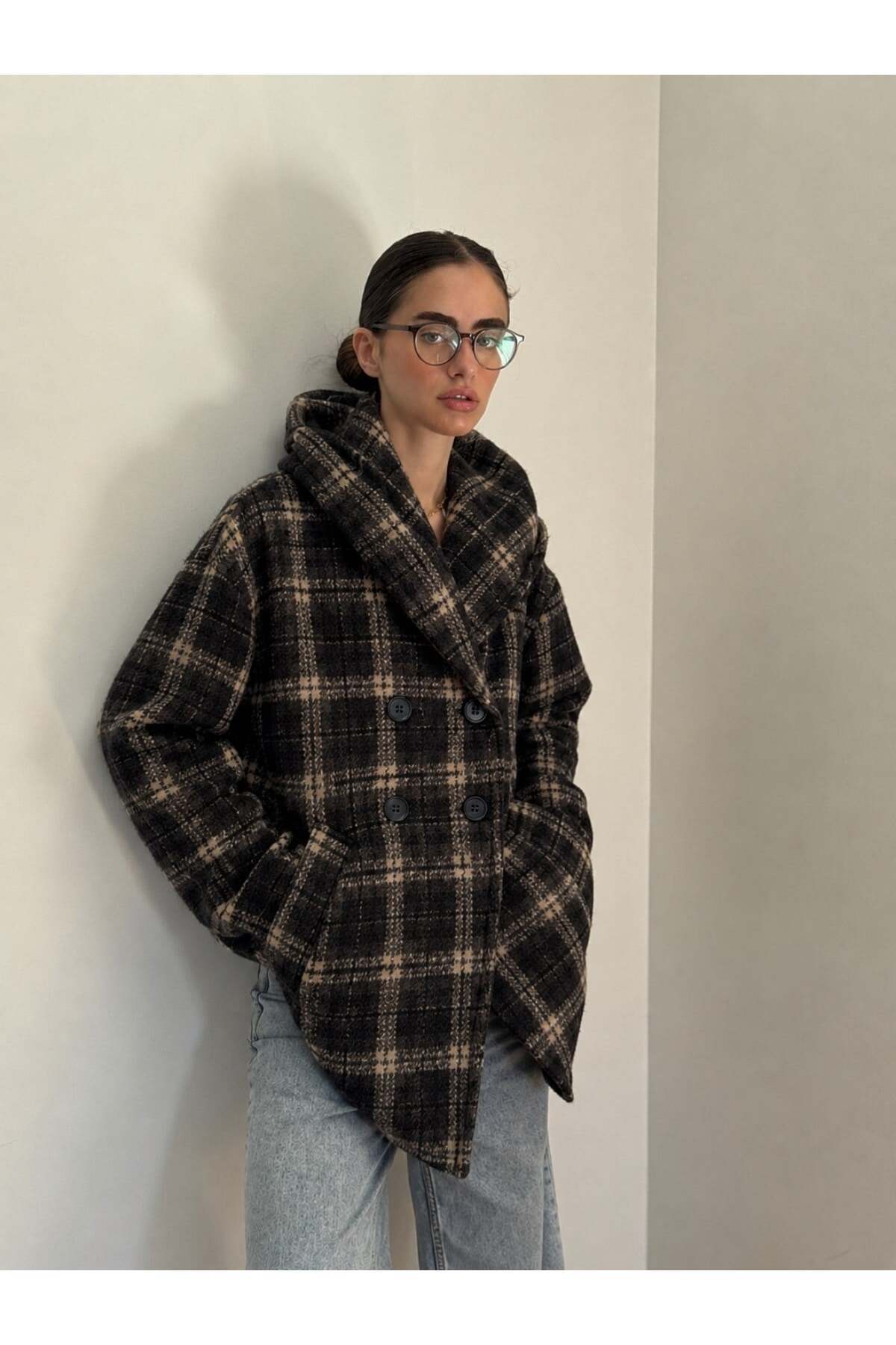 Retrobird Urban Retro Kapüşonlu Oversize Ceket Kaban Kadın Koyu Kahve görsel 3