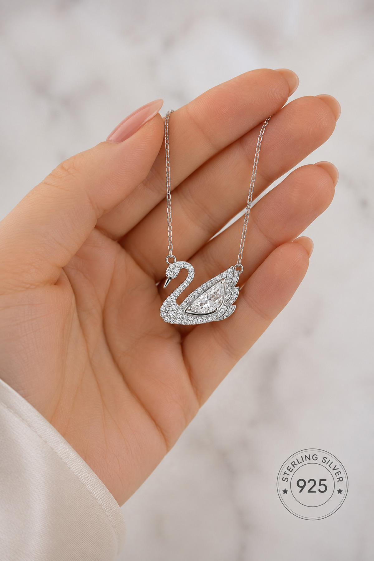 DuHaGüMüş 925 Ayar Gümüş Kuğu Kolye | Zirkon Taşlı Zarif Kadın Kolyesi | Rodyum Kaplama | 40+5 cm görsel 2