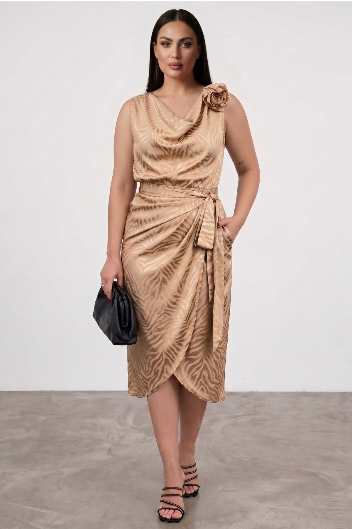 Zebra Patterned Jacquard Plus Size Midi Dress - Floral Detail Laced Evening Dress Size 38-48 002