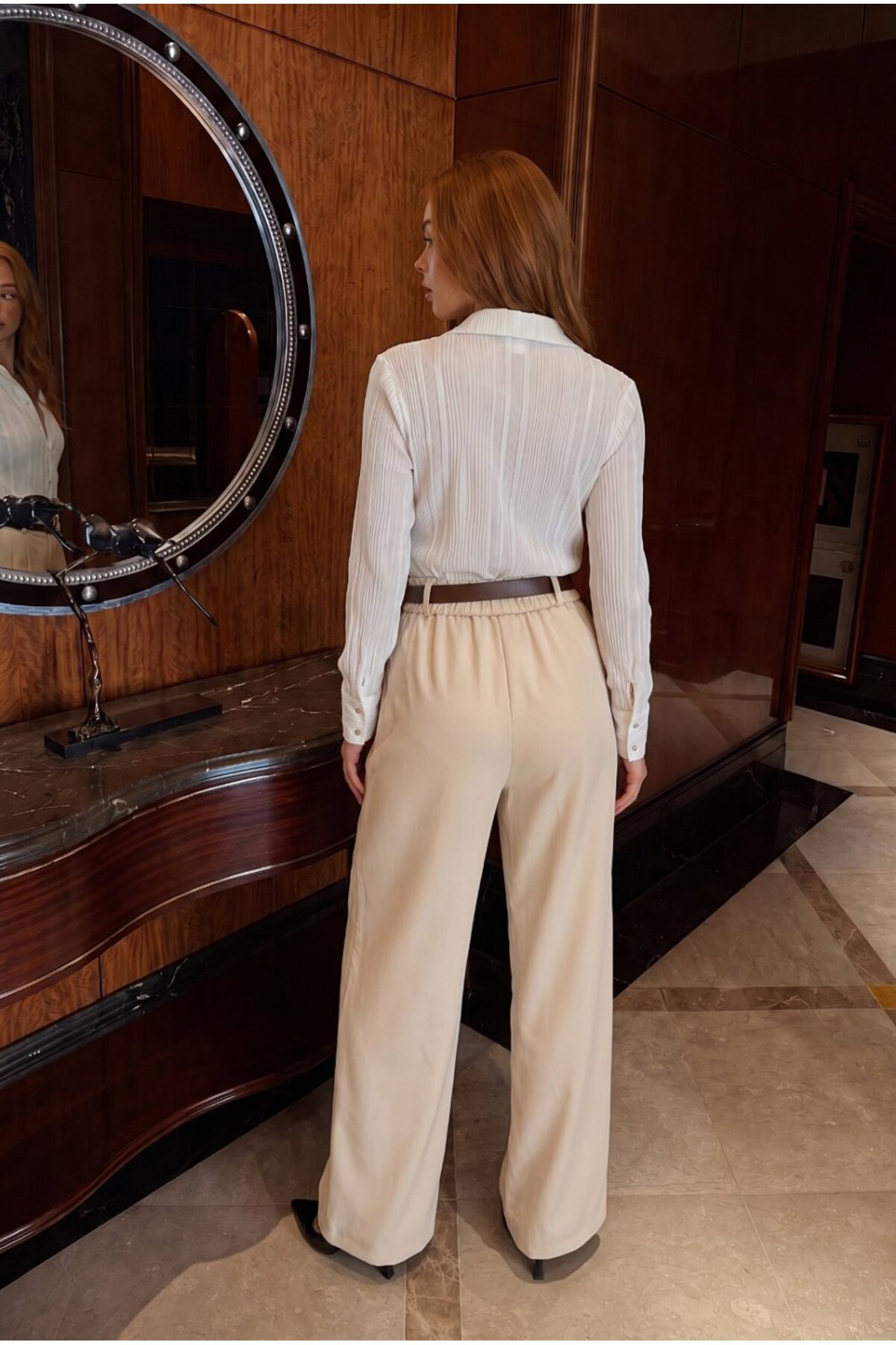 Kemerli Oversize Geniş Paça Palazzo Kumaş Pantolon BEJ 7