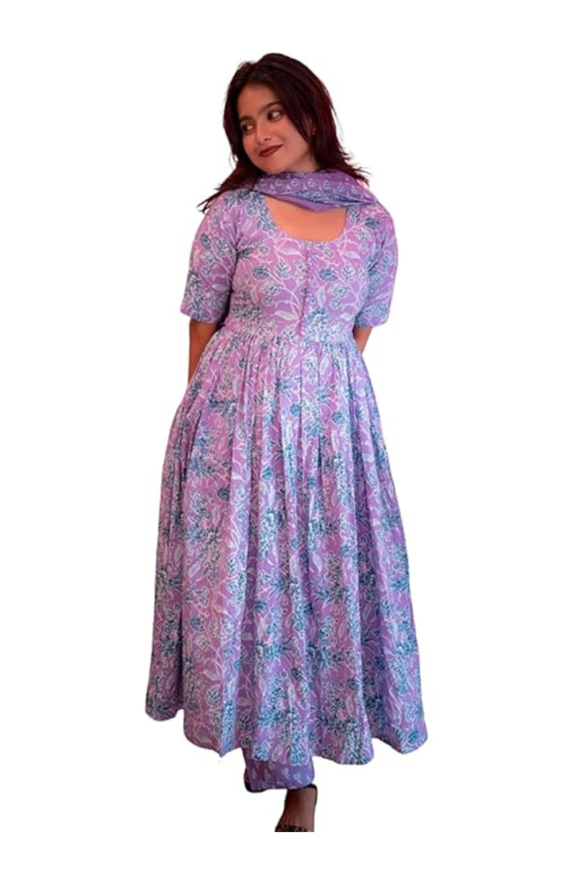 MYSMAR Lavender Floral Print Anarkali Suit Set with Dupatta - TRT1034 | Lavender-Size:(S-36-Inches)
