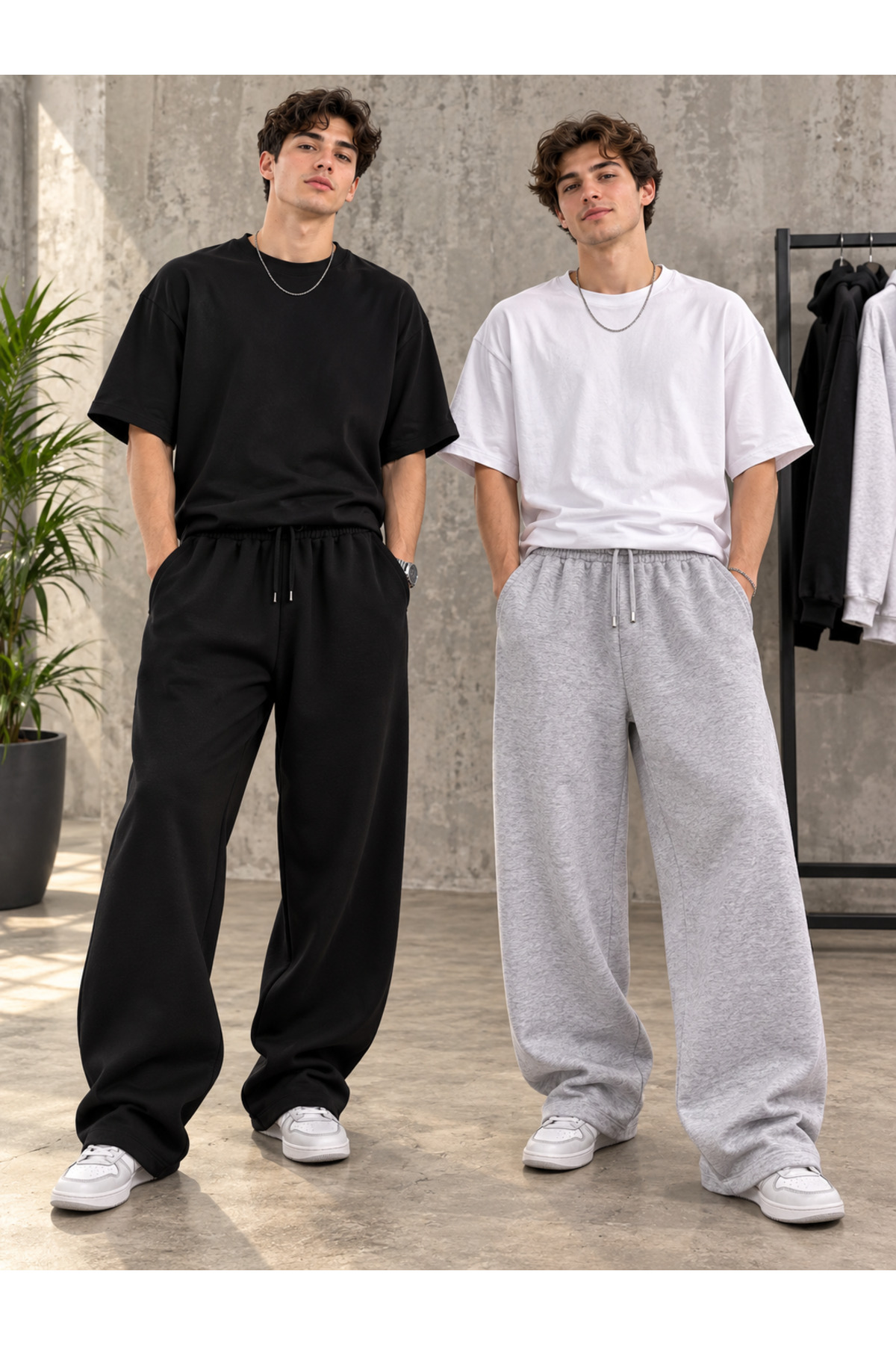 CAONNES 2-Pack Men's Sweatpants (Black-Grey) Oversize Baggy Loose Legs
