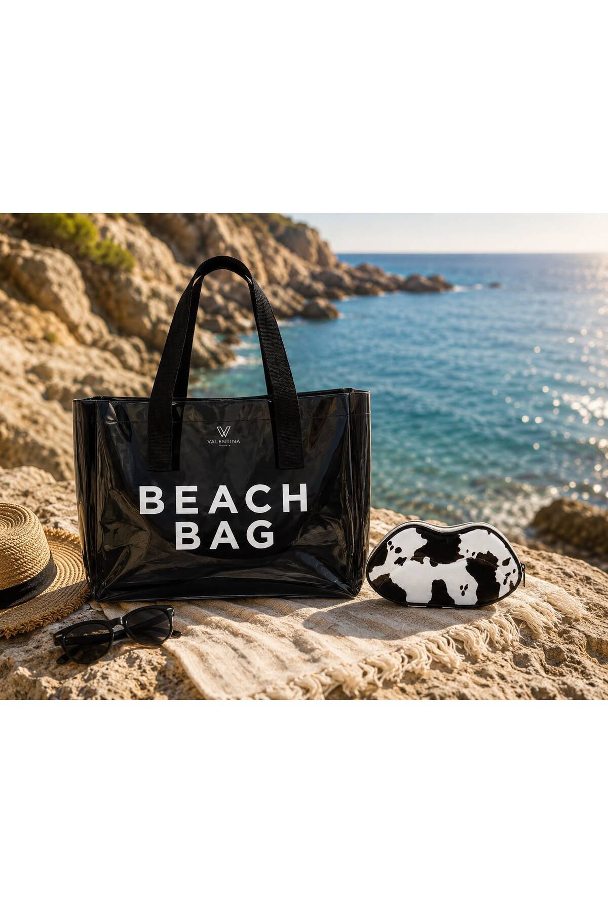 ValeriaBag Summer Time A Kalite Şeffaf Plaj Çantası + Değerli Eşya Çantası Siyah
