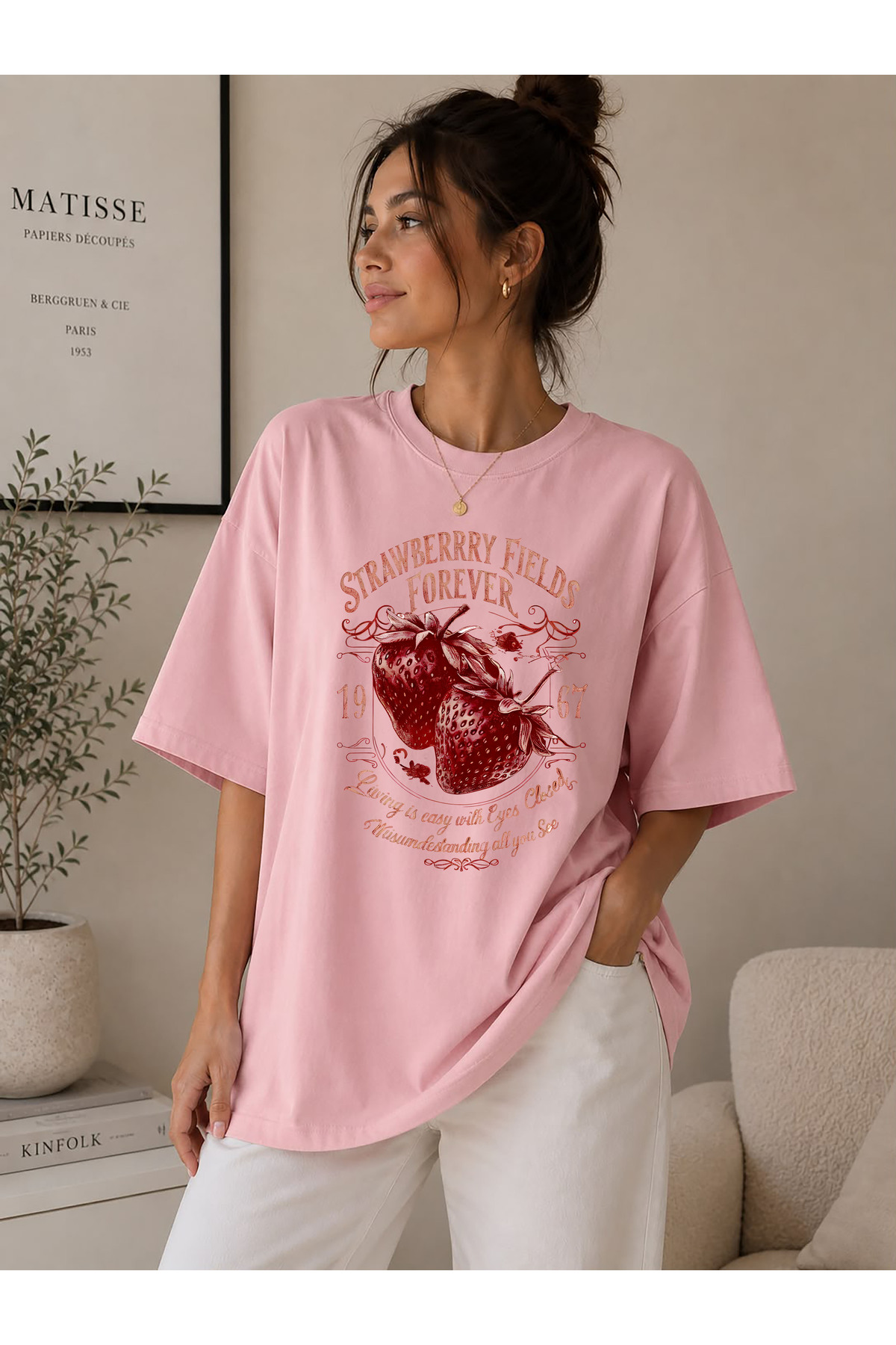 cesita Strawberry Printed Cotton Pink T-Shirt T-Shirt