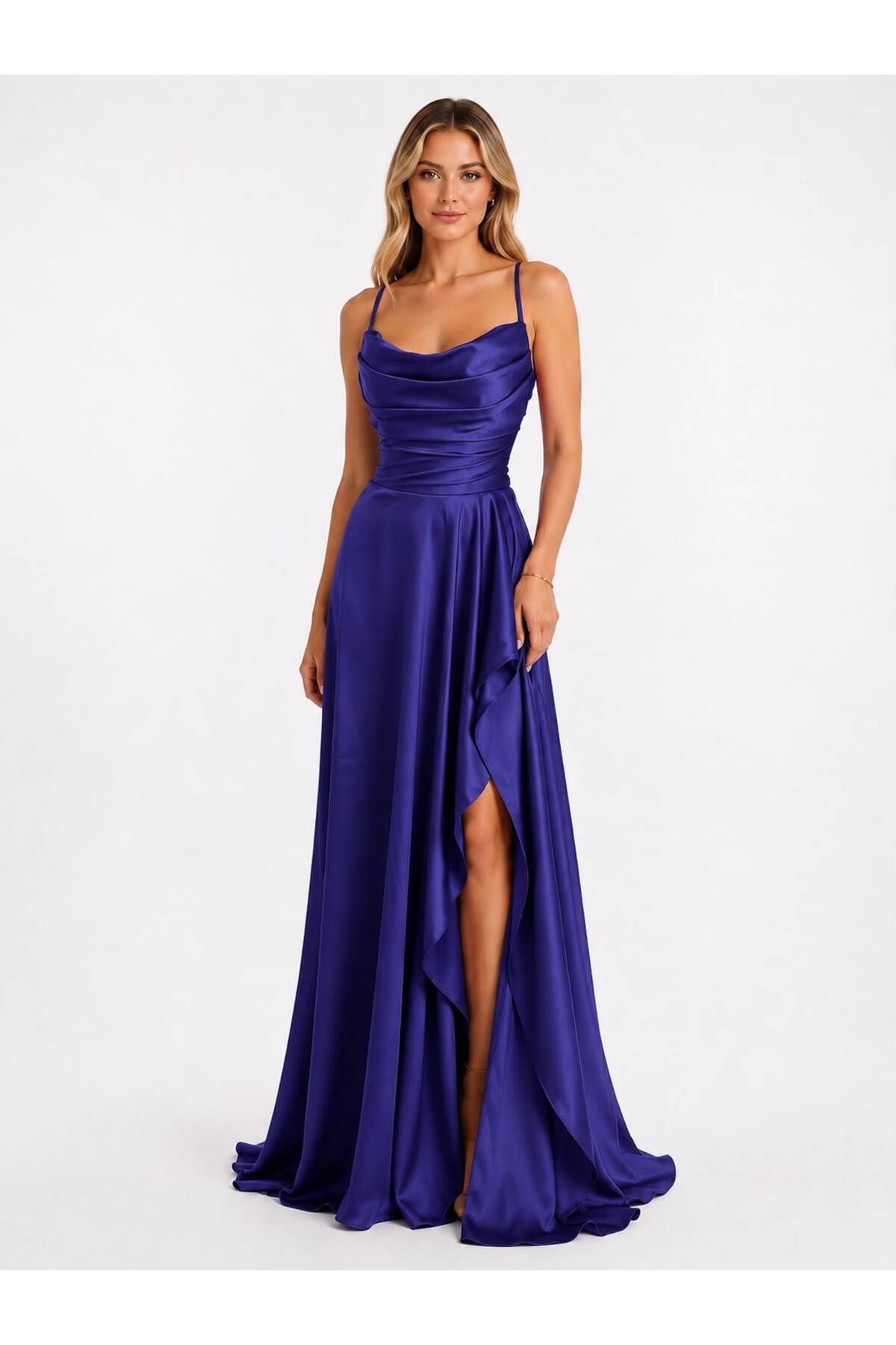 Saten Drape Detaylı Yırtmaçlı Abiye
