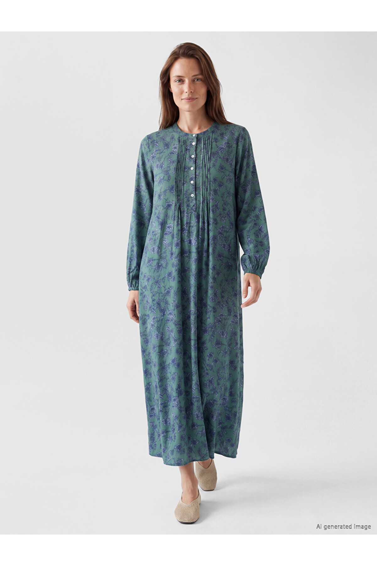 LC Waikiki Lcw Grace Green Judge Collar Patterned Pleated Dress