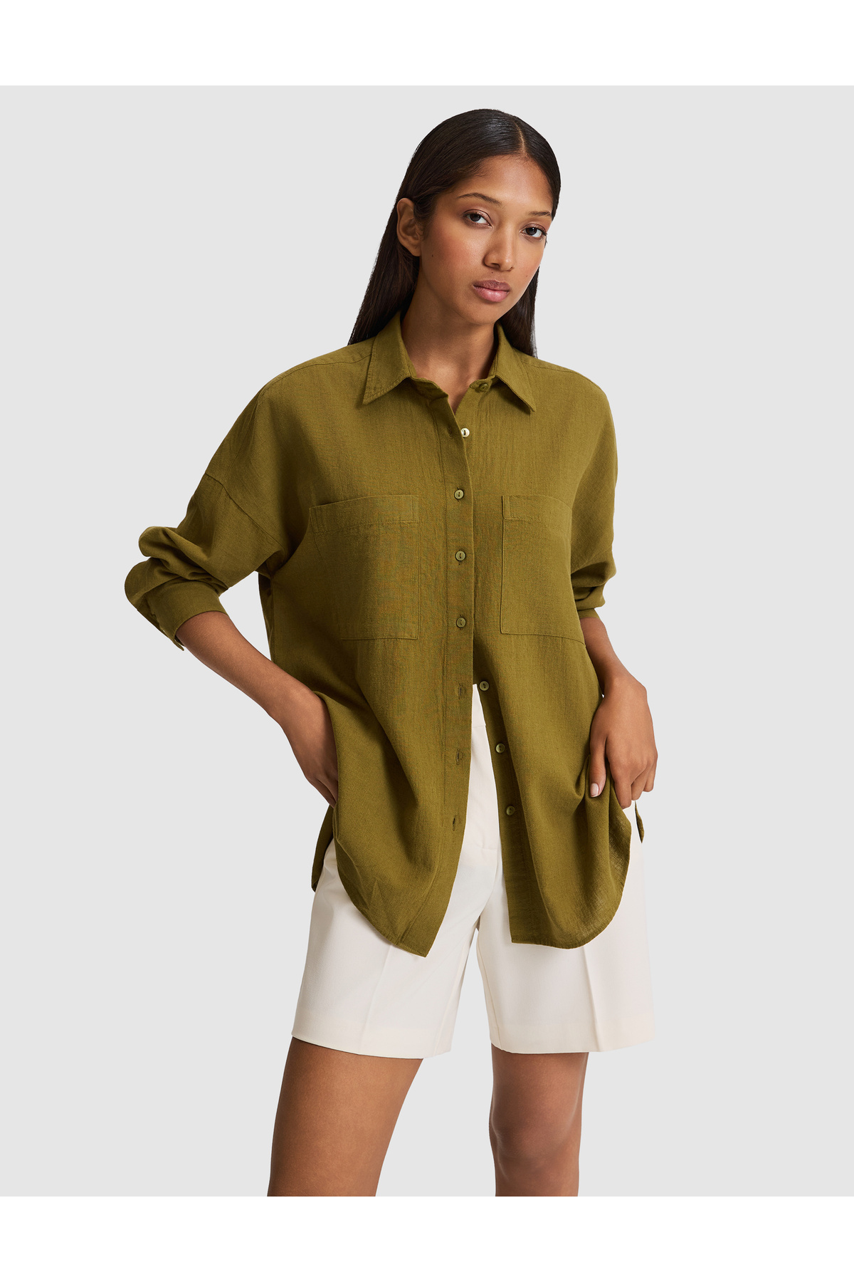 Pierre Cardin Haki Oversize Keten Karışımlı Gömlek 50328624-VR027