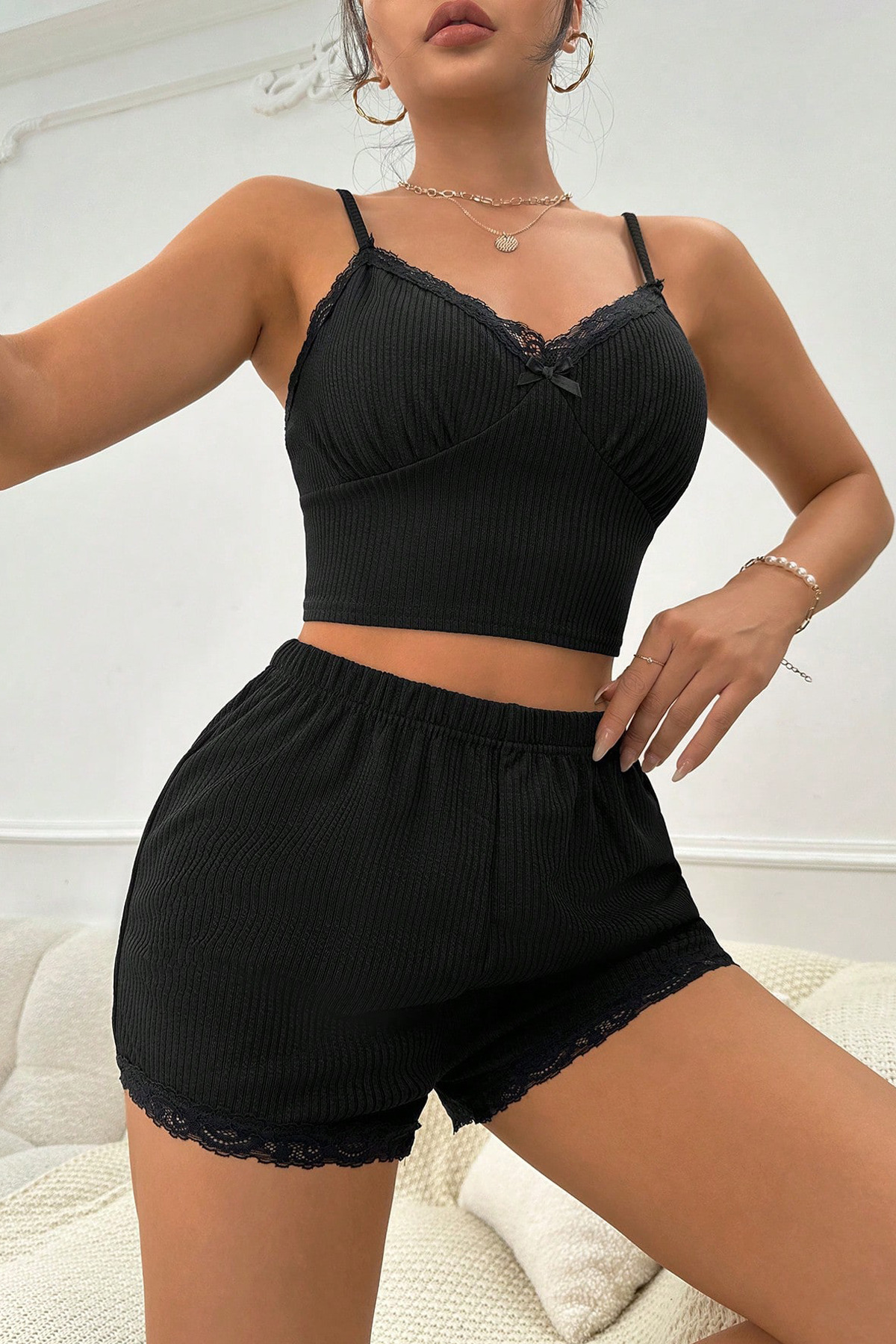 ست لباس خواب پاپیونی مشکی مشکی زنانه H110501 - BBBBBB1064-776 5