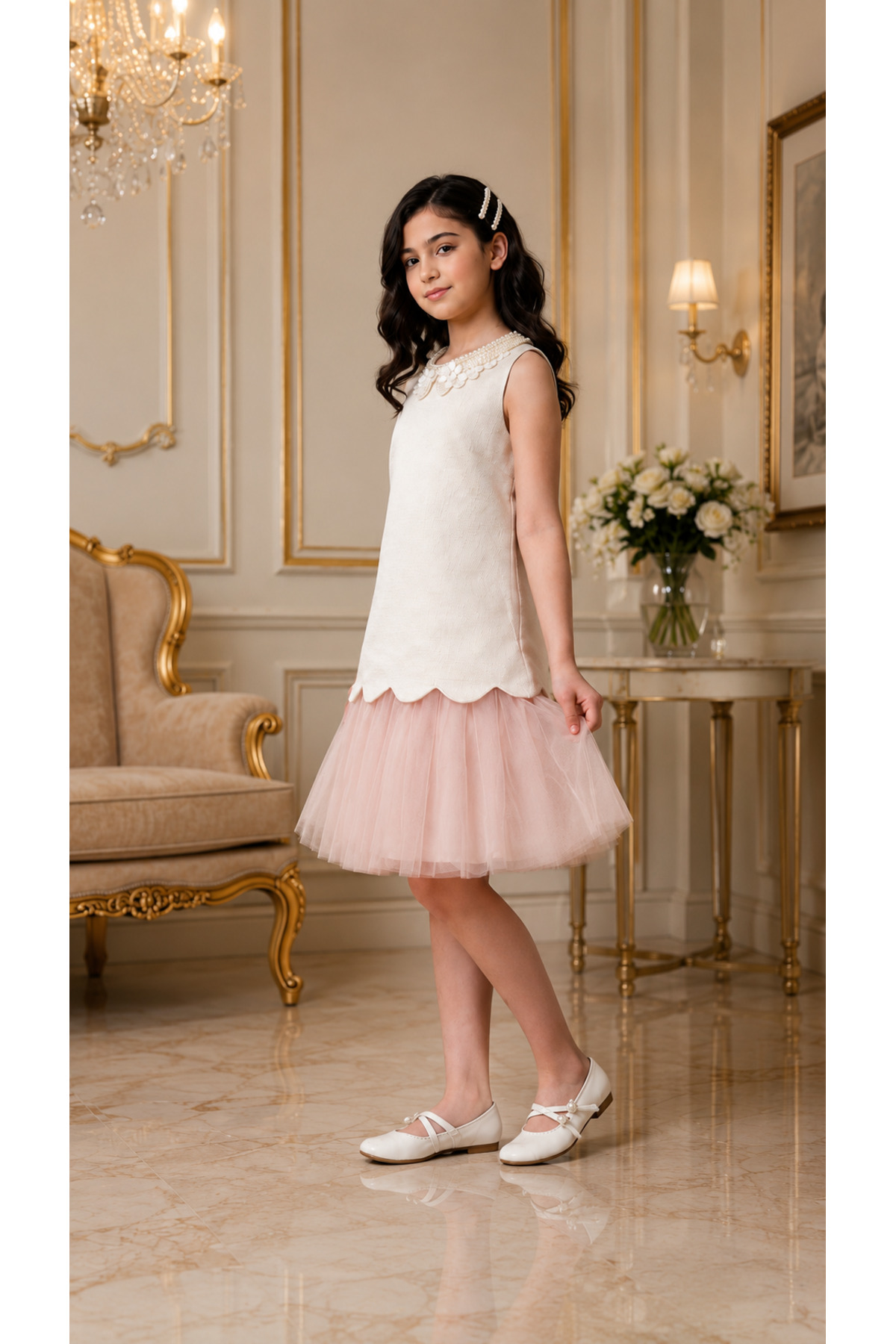 Girls Pearl Tulle Party Dress - Light Pink (فستان بناتي تول مزين باللؤلؤ - وردي فاتح)