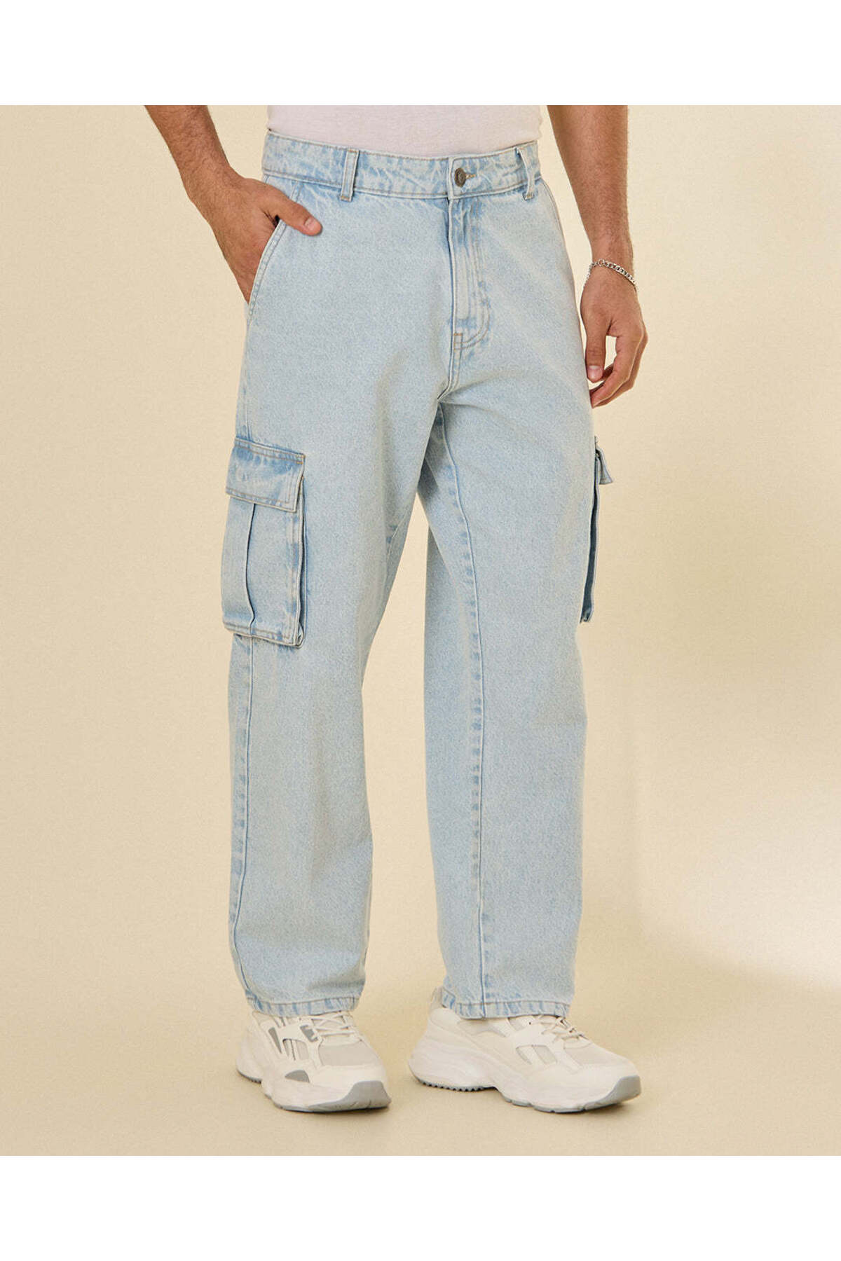 REDTAG Men Light Wash Relaxed Cargo Denim Jeans