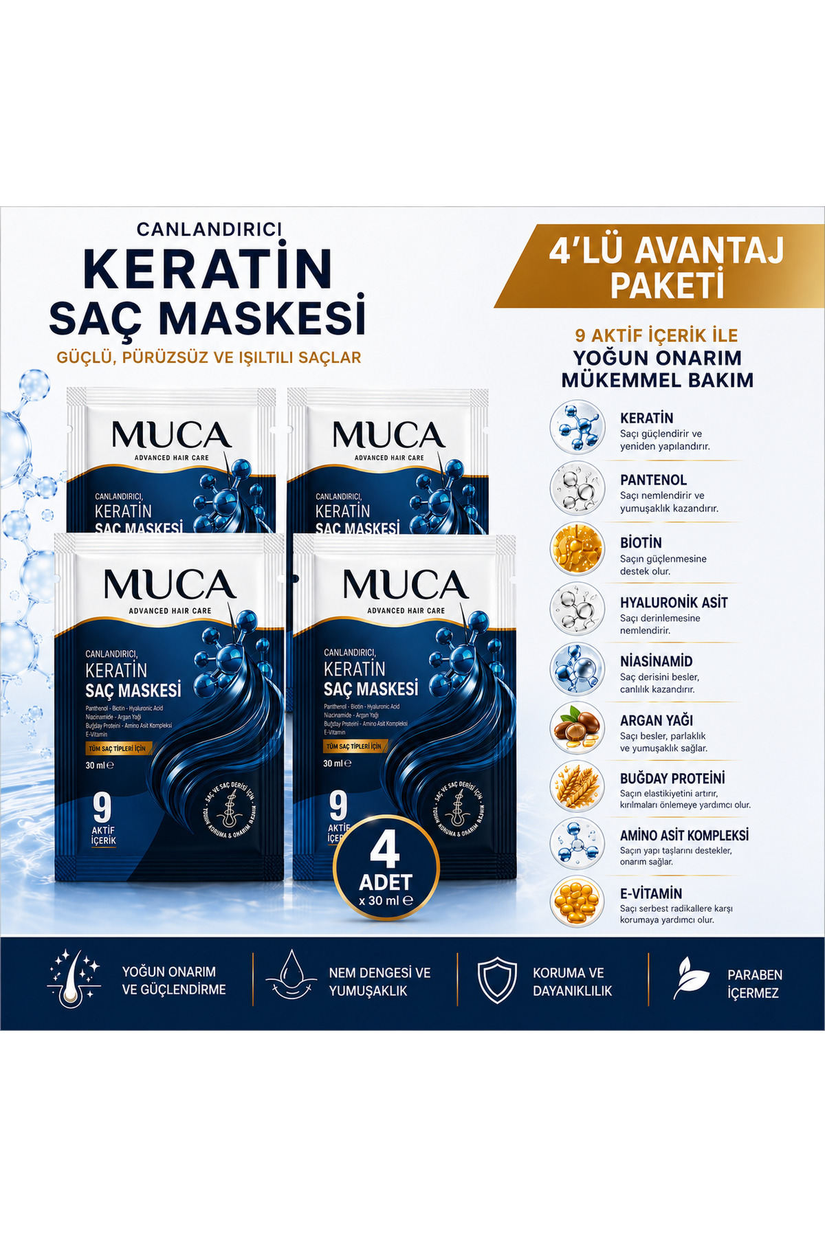 Keratin Saç Maskesi 30 ml | Onarıcı, Nemlendirici ve Besleyici Saç Bakım Maskesi (4'lü PAKET) — DÖRTLÜKERATİN — تصویر 4 از 7