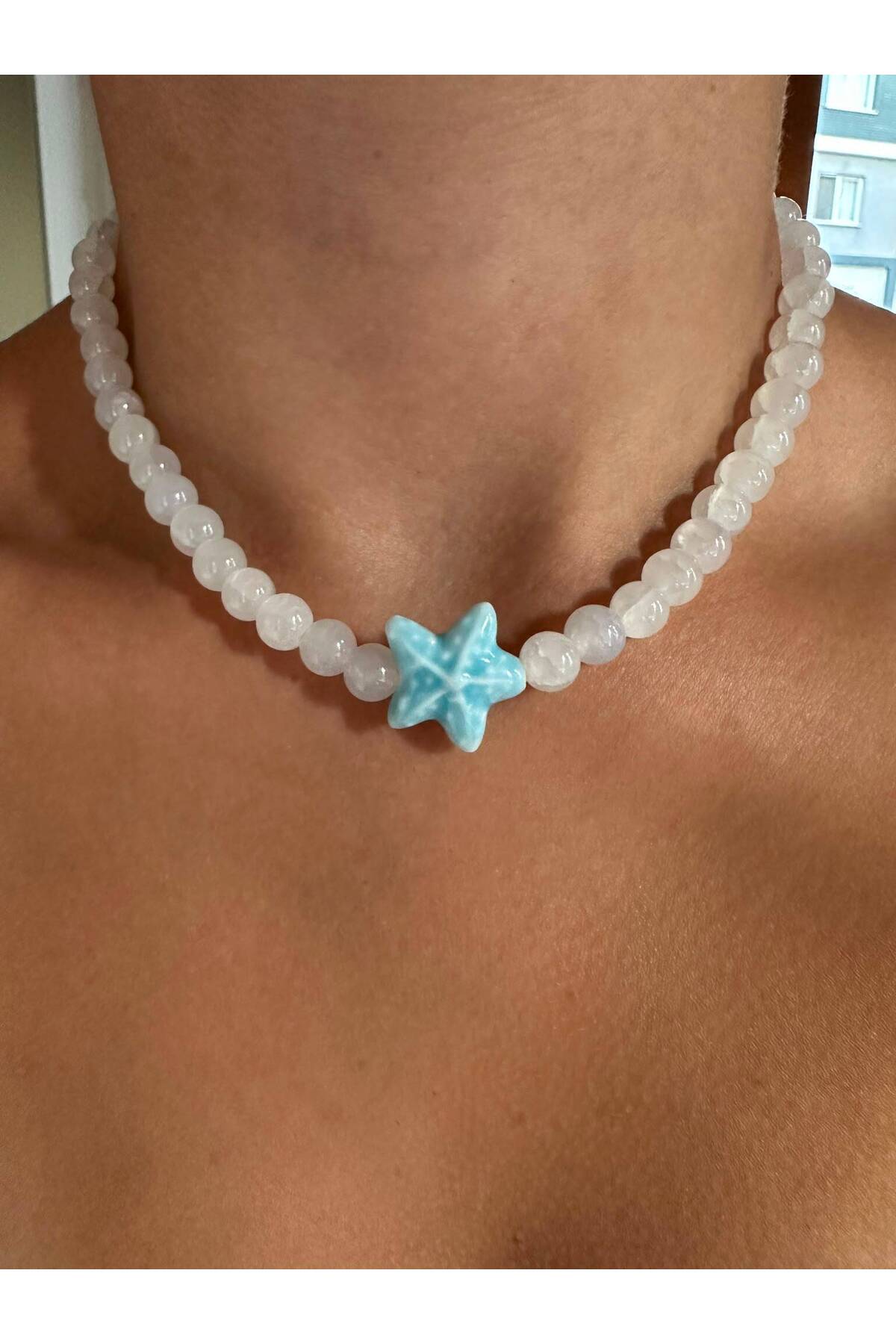 Deniz Yıldızı Charm Beyaz Renk Yazlık Boncuk Kadın Kolye - Detay Görseli 1