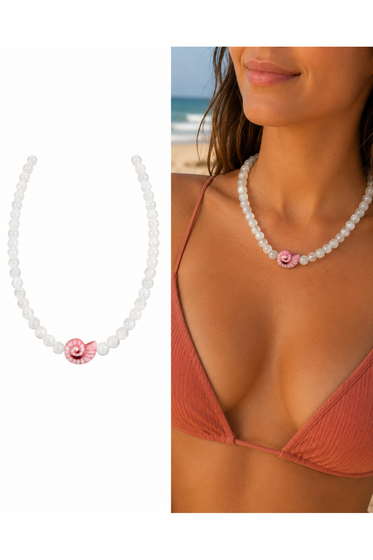 Pembe Deniz Kabuğu Charm Beyaz Renk Yazlık Boncuk Kadın Kolye