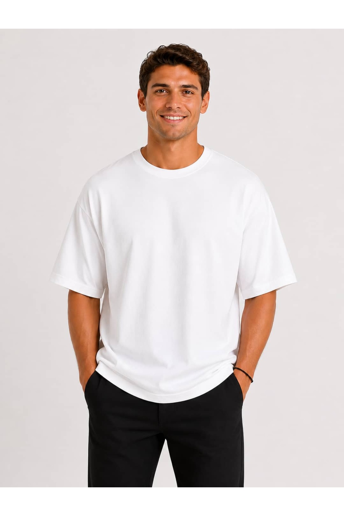Vasto Moda Erkek Oversize Kalın Dokulu %100 Organik Pamuk Bisiklet Ribana Yakalı Beyaz T-Shirt