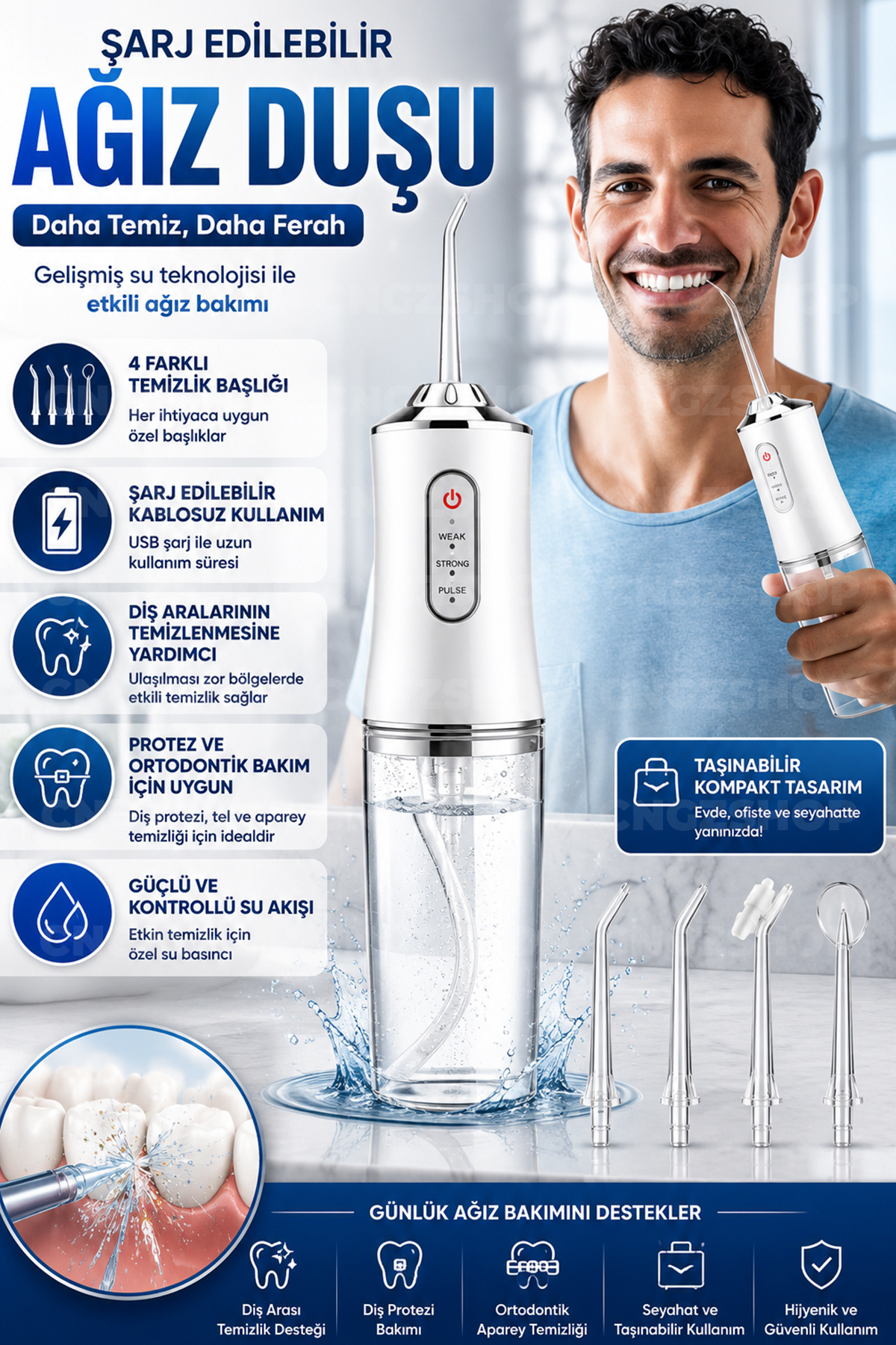 CNGZSHOP Şarj Edilebilir Ağız Duşu 4 Başlıklı Taşınabilir Diş