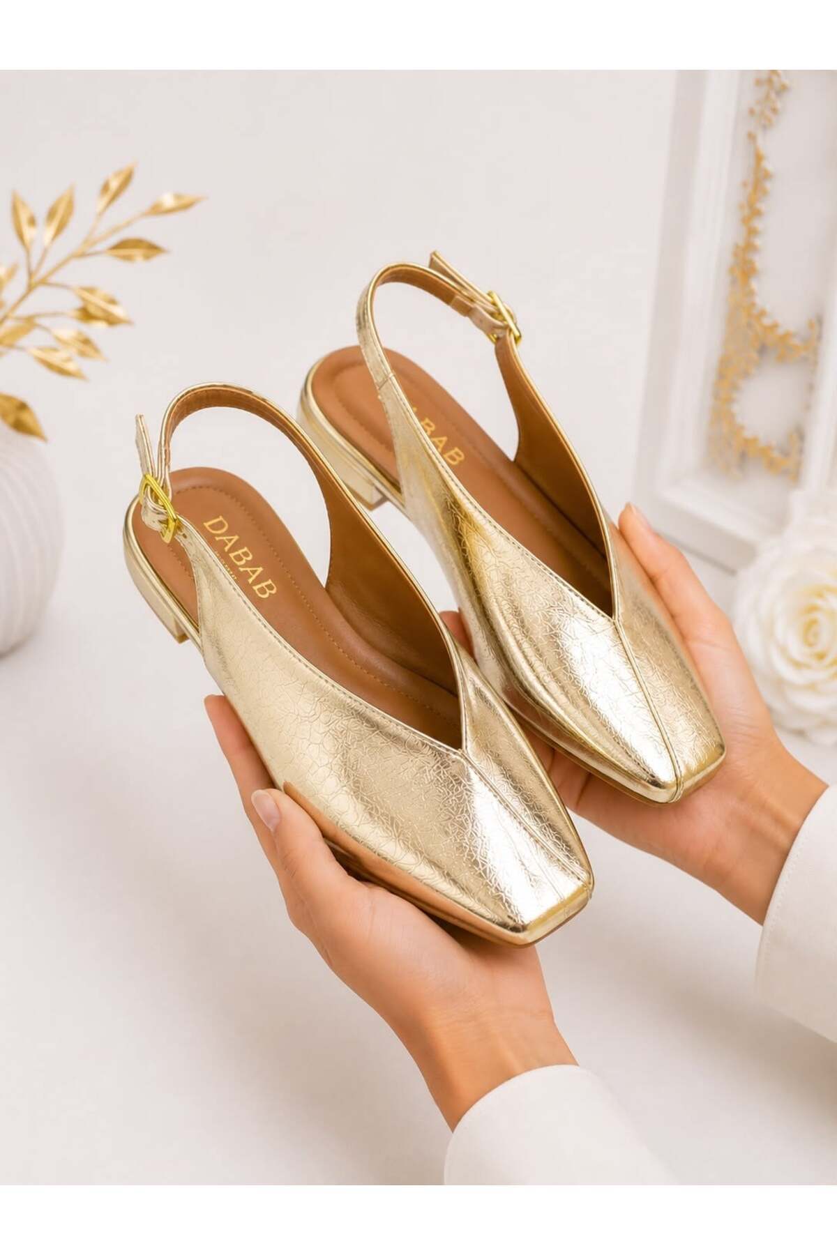 dabab shoes LIVORA Kadın Gold Kare Burun Tokalı Düz Taban Slingback Casual Babet Ayakkabı