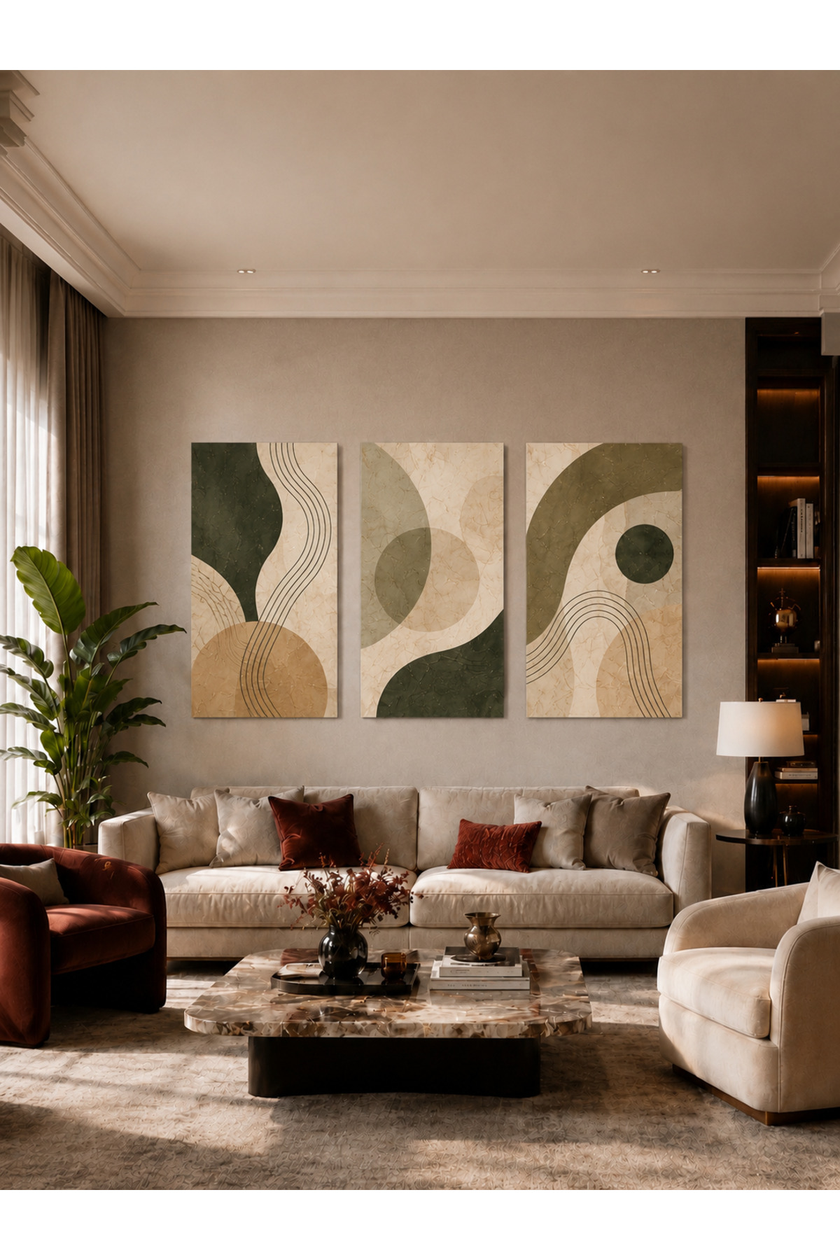 3 Parça MDF Yeşil Soyut Geometrik Tablo Seti Modern Bej Minimalist Duvar Dekoru Salon Tablosu