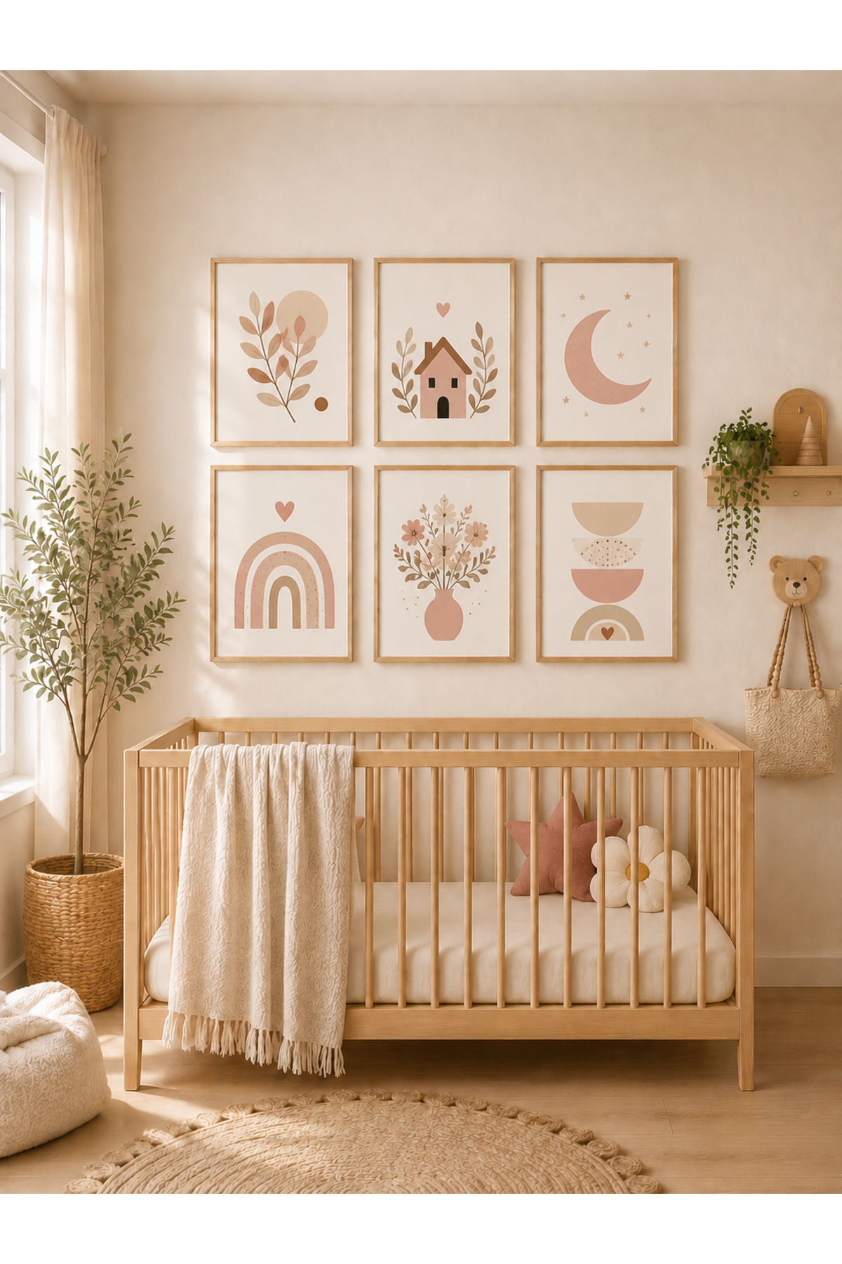 6 Parça MDF Tablo Seti Gökkuşağı, Ay, Çiçek ve Botanik Desenler – Pastel Bebek Odası, Çocuk Odası, Ev ve Ofis Duvar Dekorasyonu