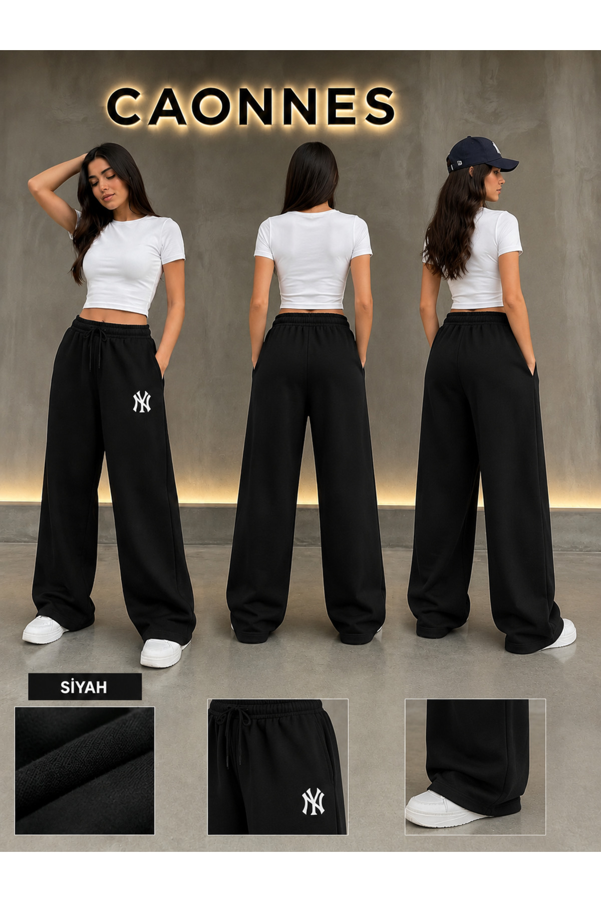 CAONNES 3'lü Kadın NY Baskılı Mevsimlik Eşofman Altı (siyah-gri-lacivert) Basic Oversize Günlük Rahat Kesim görsel 3