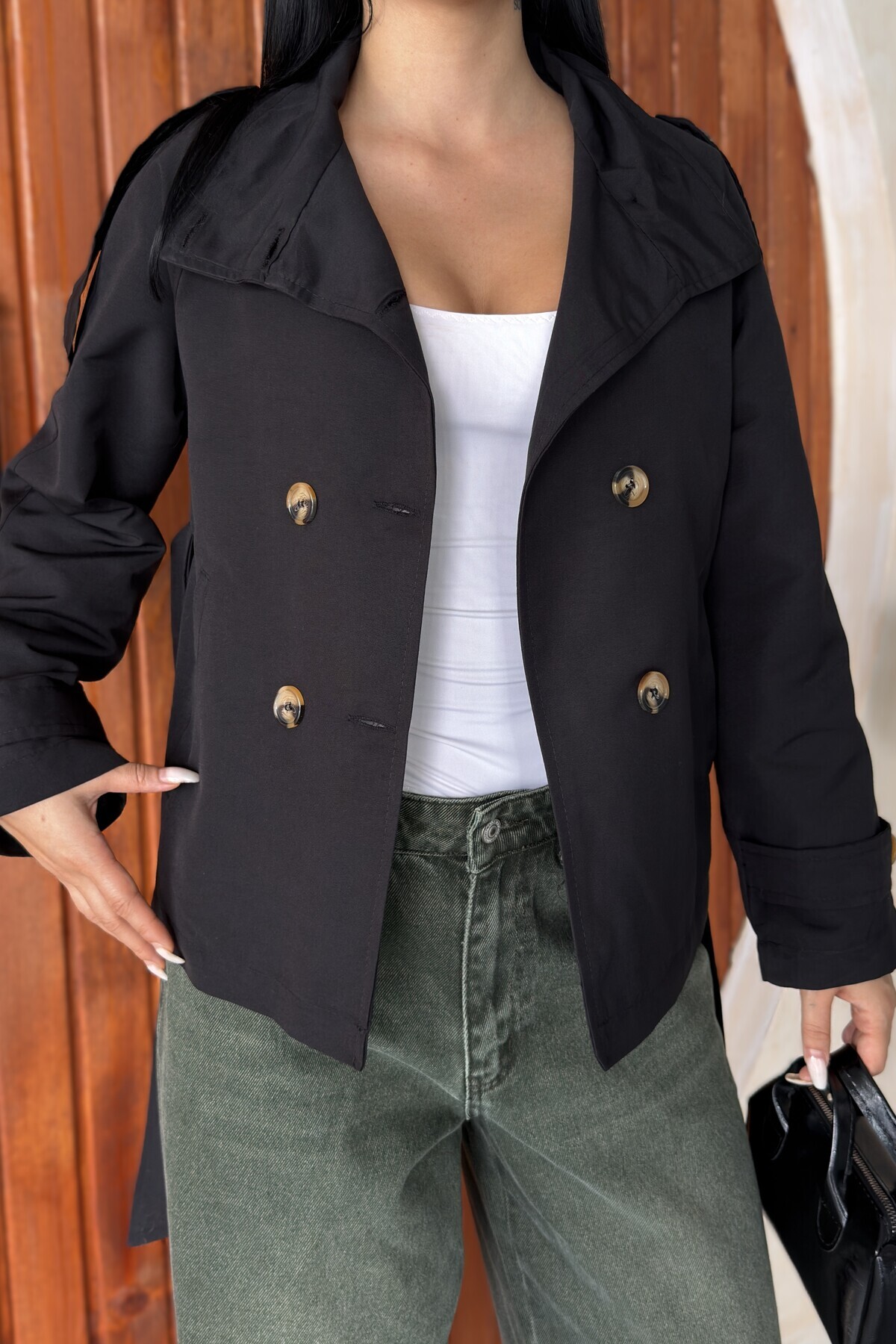 moda armanc Kadın Dik Yaka Trençkot Ceket - Kuşaklı Kruvaze Düğmeli Trenç görsel 8