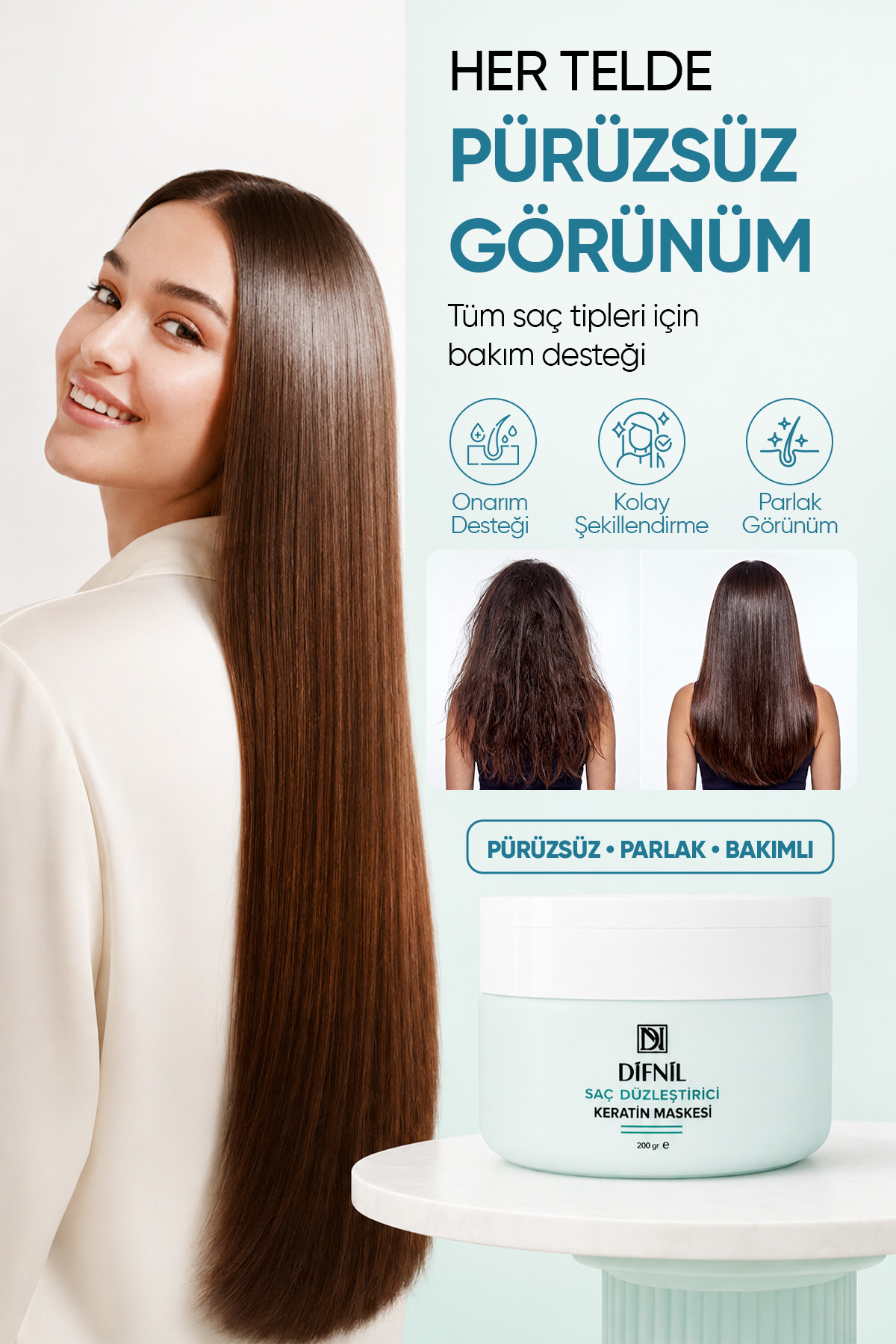 Saç Düzleştirici Keratin Maskesi | Pürüzsüzleştirici ve Onarıcı Saç Bakım Maskesi 200 gr | Keratin ve Nem Desteği — Keratin01 — تصویر 4 از 6
