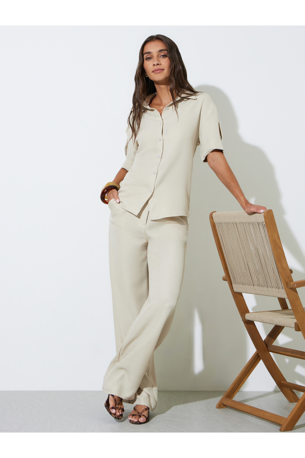 Styli Khaki Solid Tab Cuff Short Sleeves Shirt and Wide Leg Pants Co-Ords