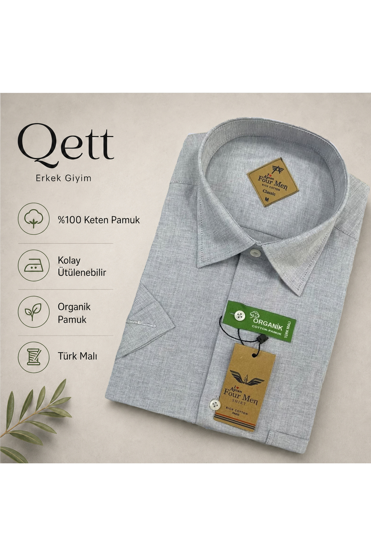 Qett Kısa Kol Regular Kesim Düğmeli Yaka Pamuk Nefes Alabilen Keten Görünümlü Gömlek Büyük Beden görsel 2