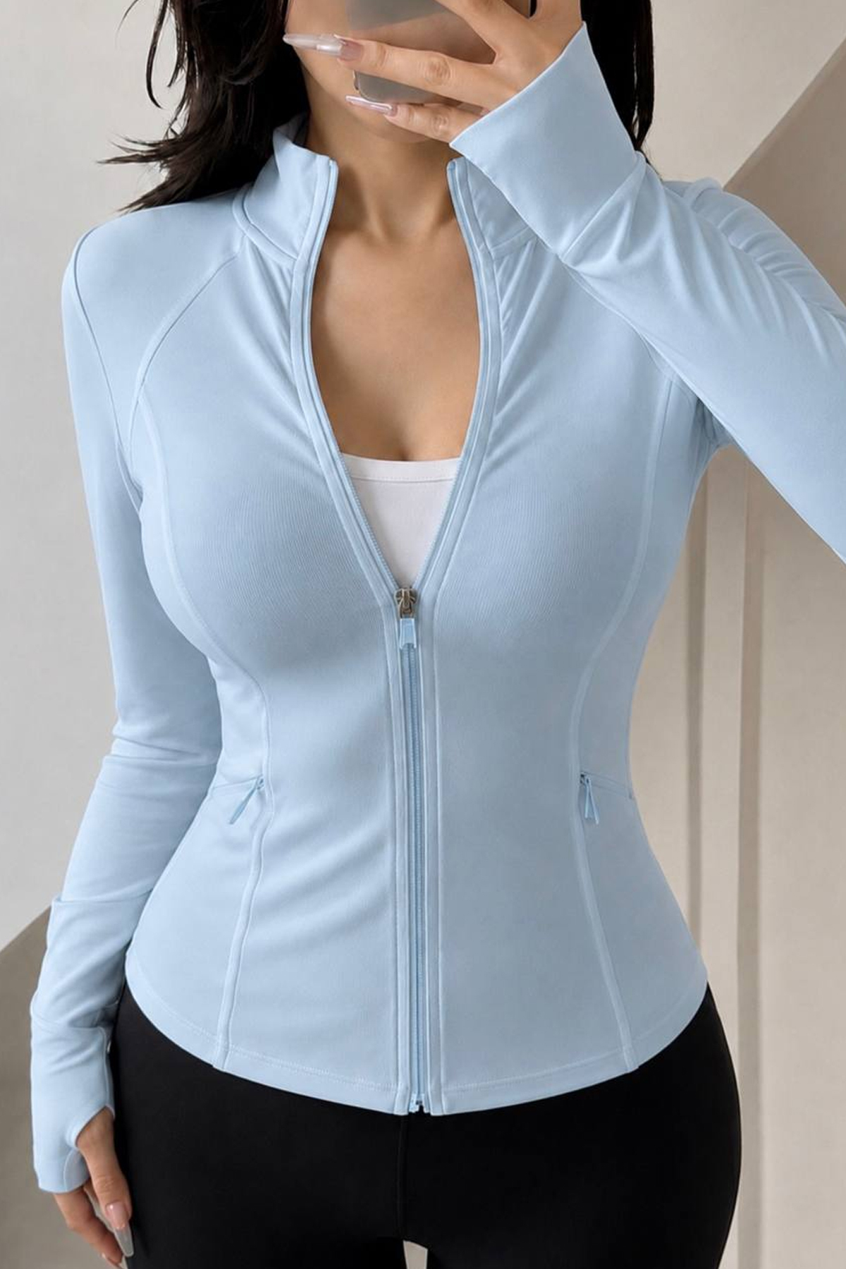 İlayda Toprak Rover Bebe Mavisi Uzun Kollu Parmak Geçirme Detaylı Fermuarlı Cepli Esnek Yoga Fitness Spor Hırka görsel 4