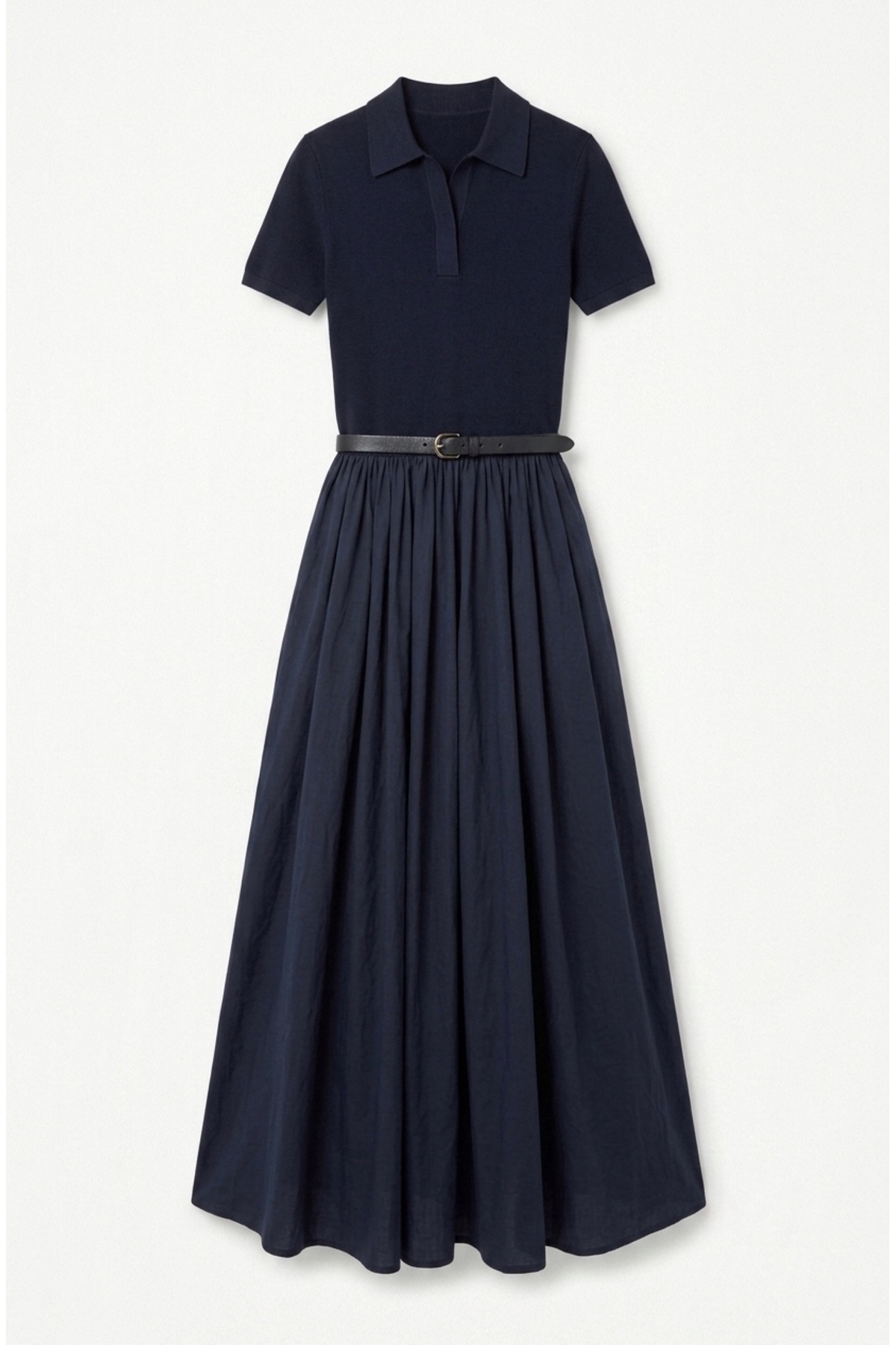 FEG STORE Parachute Skirt, Polo Collar, Belt Detail, Short Sleeve, Double Pockets, Navy Blue Women's Dress