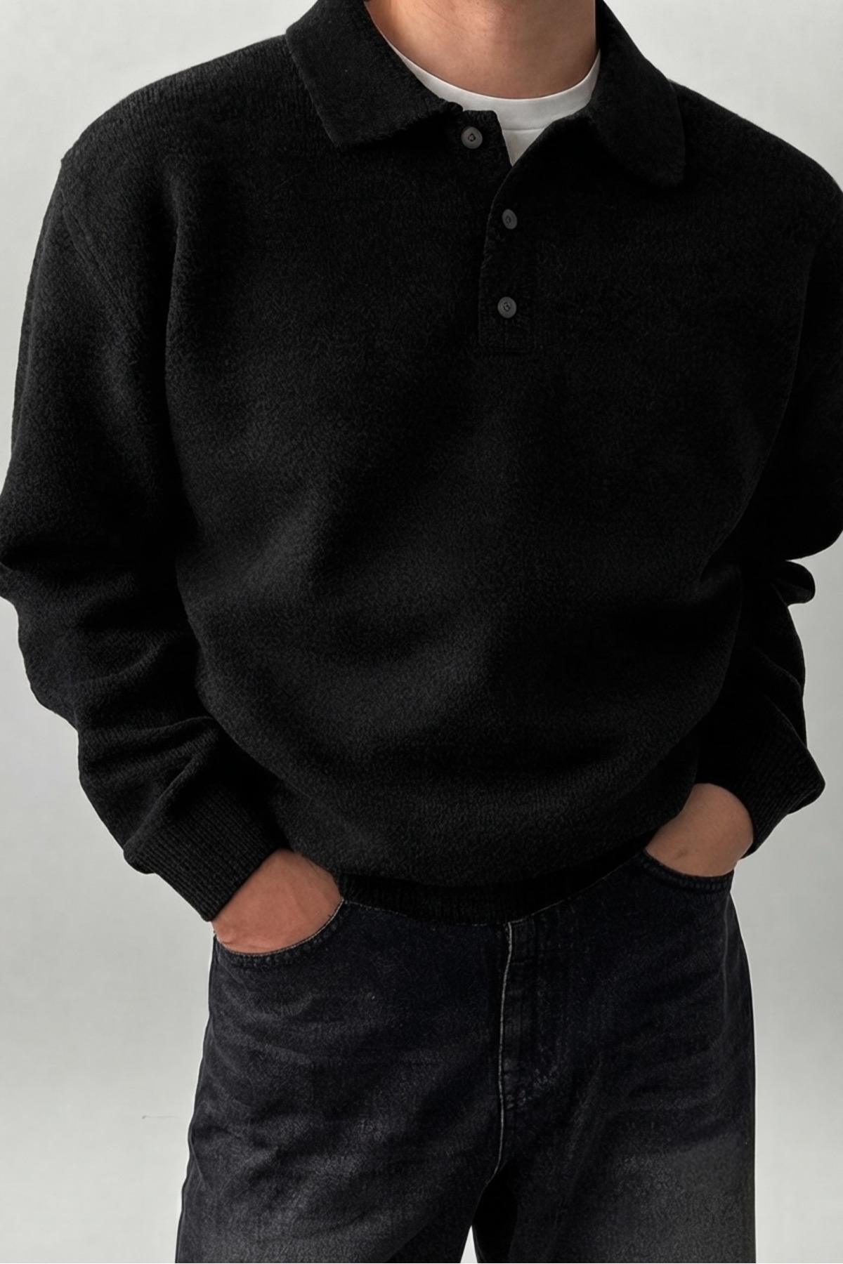 SERABLANKA Erkek Polo Yaka Oversize Triko Kazak, Rahat Kalıp görsel 2