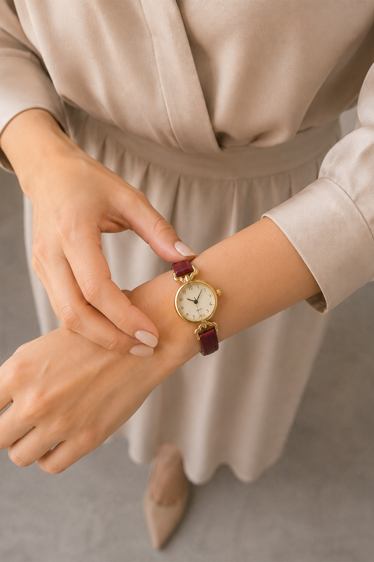 GANYMET Boffy Vintage Minimalist Bordo Deri Kordon Kadın Kol Saati - Gold Detaylı Şık Tasarım Kadın Saat görsel 7
