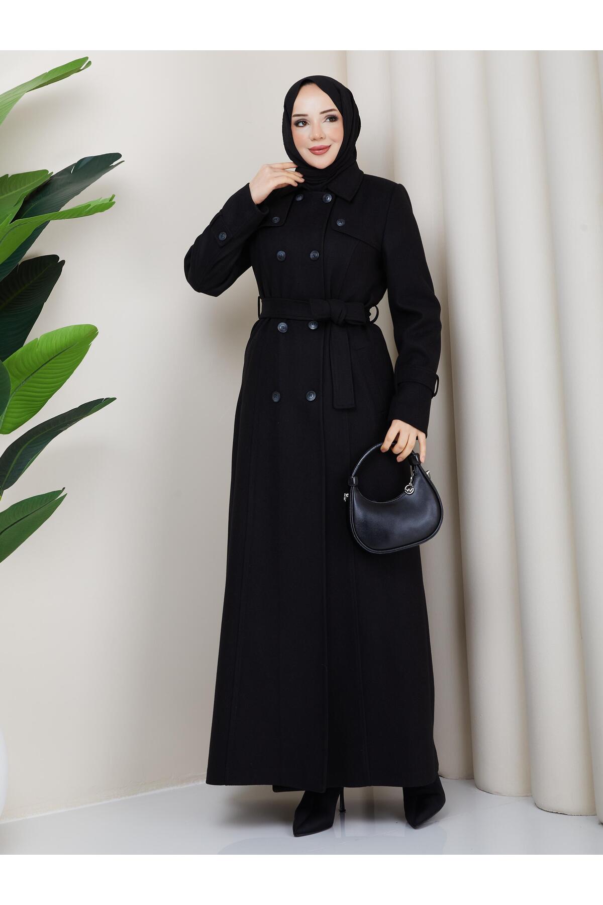 moda asmila Kruvaze Pelerin Detaylı Tam Boy Kaşe Manto görsel 3