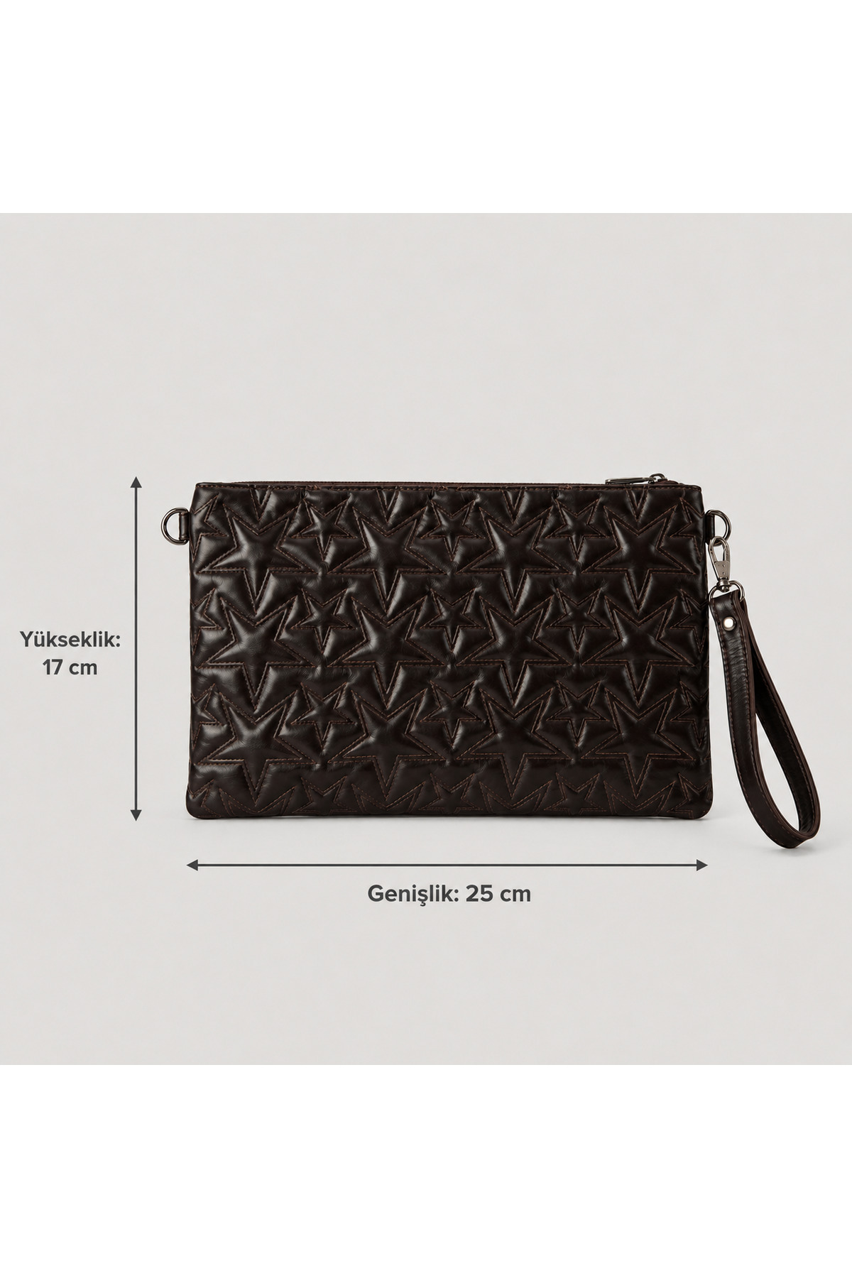 rair Yüksek Kalite Kadın Acı Kahve Yıldız Desenli Holografik Portföy Çanta Clutch– Yıldız Desenli, Bilek Askılı, Fermuarlı ZİNCİR HEDİYELİ görsel 2