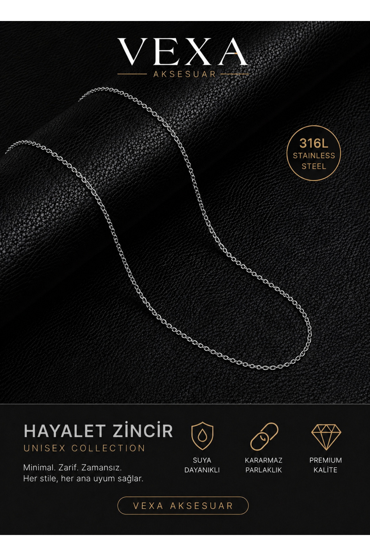 Vexa Aksesuar Hayalet Zincir 316L Kararmaz Çelik İnce Minimal Unisex Kolye Kutulu ve Hediyeli Gönderim