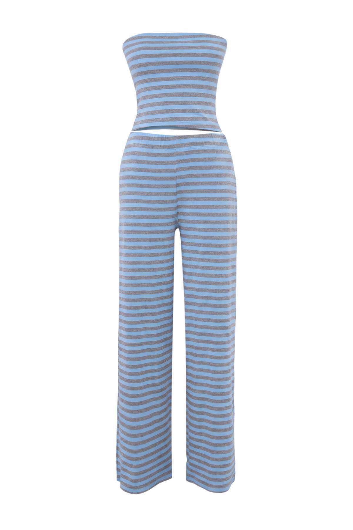 Trendyolmilla Çok Renkli Çizgili Fitted/Vücuda Oturan Geniş Paça Yumuşak Örme Alt-Üst Takım TWOSS26AU00011