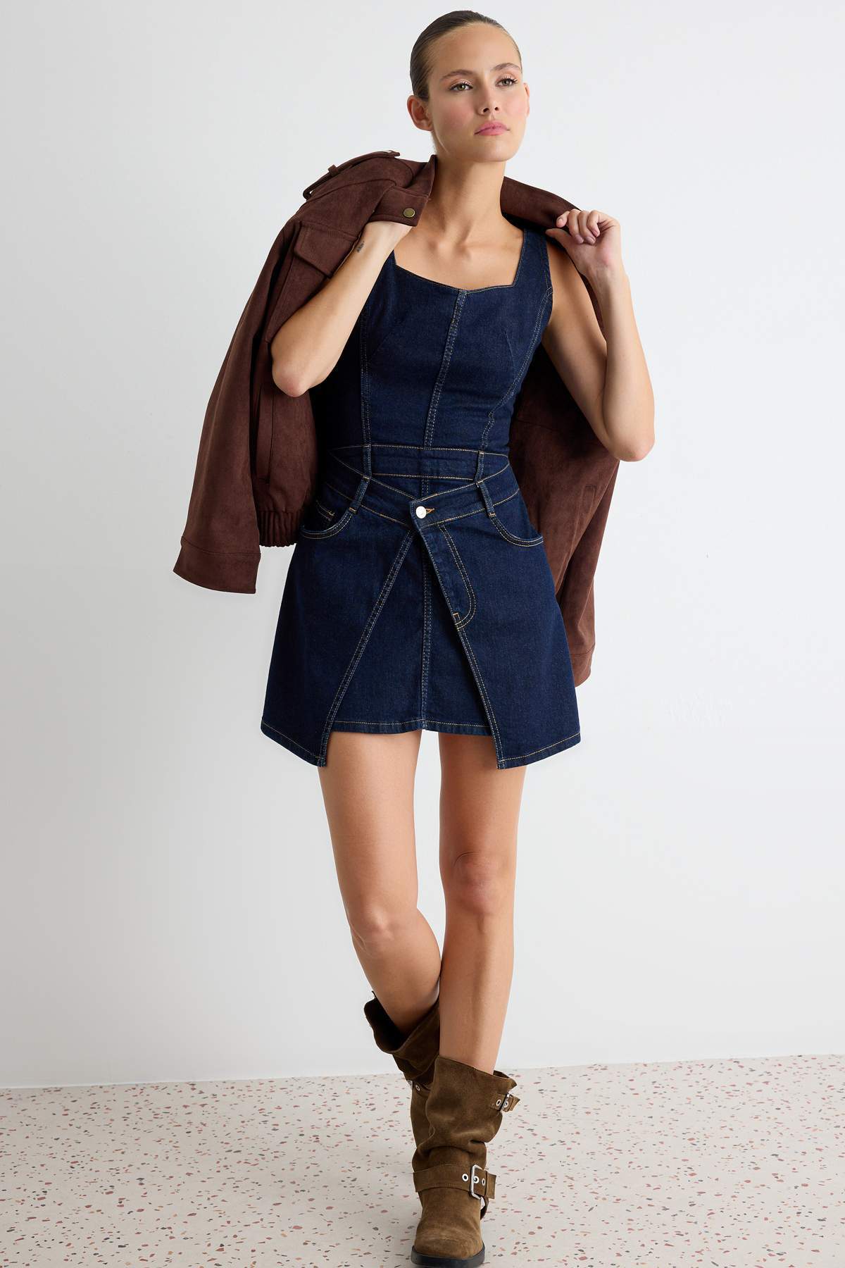 Trendyol Collection Dark Blue Strap Mini Denim Dress Twoaw27El00054