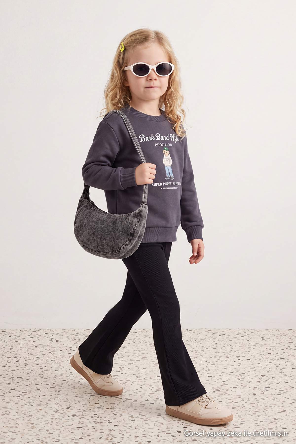 Trendyolmilla Kids Antrasit Kız Çocuk Pamuklu Kalın Şardonsuz Sweatshirt ve Tayt Alt Üst Takım TKDAW27AU00009