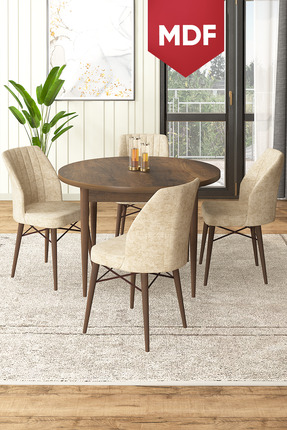 Canisa Rox Serisi MDF Yuvarlak 90x90 Barok Ahşap Desenli Sabit Masa 4 Krem Sa...