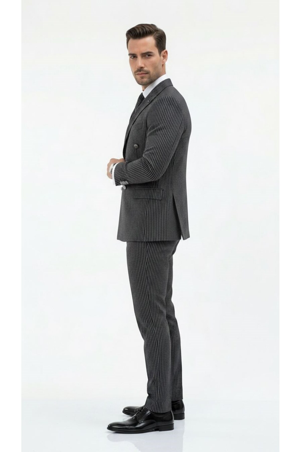 İtalyan Kesim Kruvaze Takım Elbise – Modern Slim Fit – Çizgili Kumaş Detaylı — سرمه‌ای PRA-13343985-802781 — تصویر 5 از 7