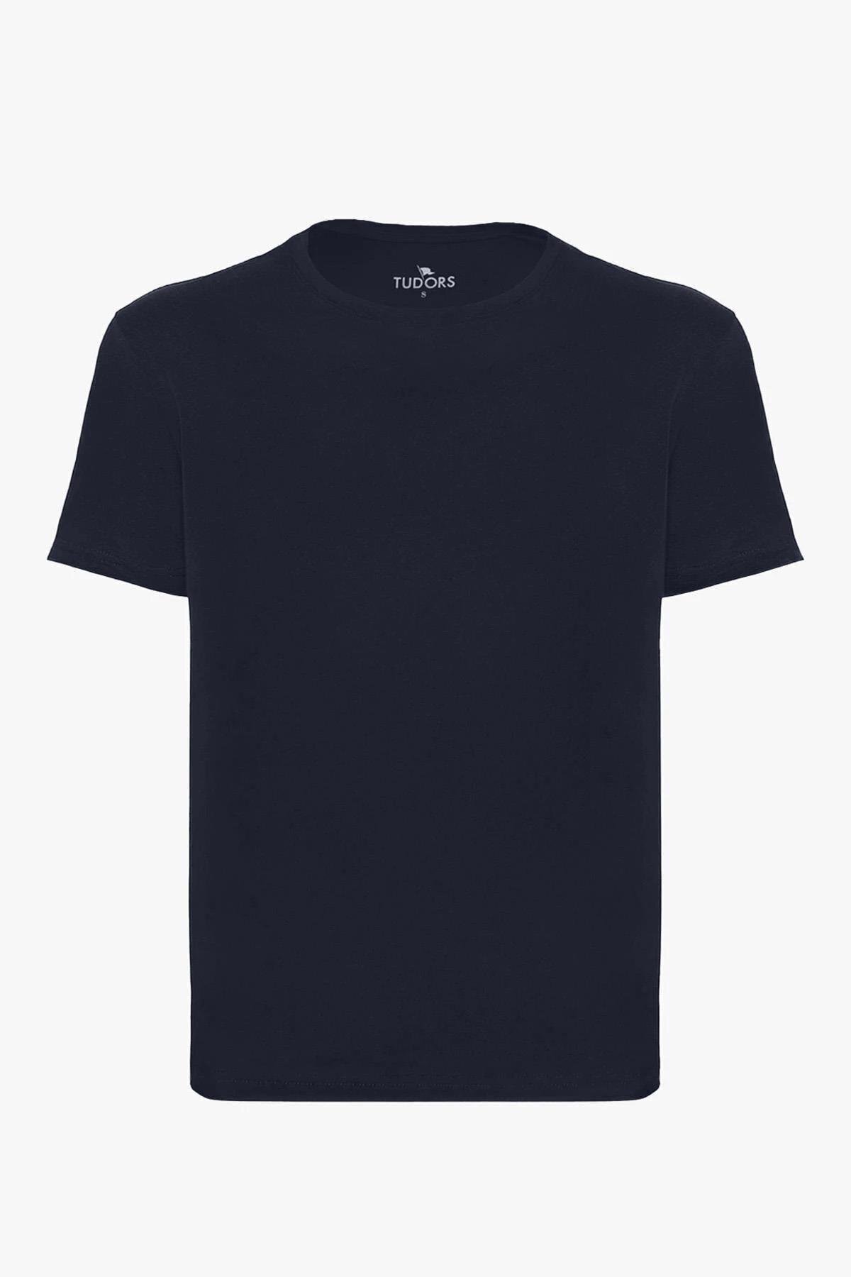 Tudors Unisex Slim Fit Dar Kesim %100 Pamuk Yumuşak Dokulu Lacivert Bisiklet Yaka Tişört görsel 8