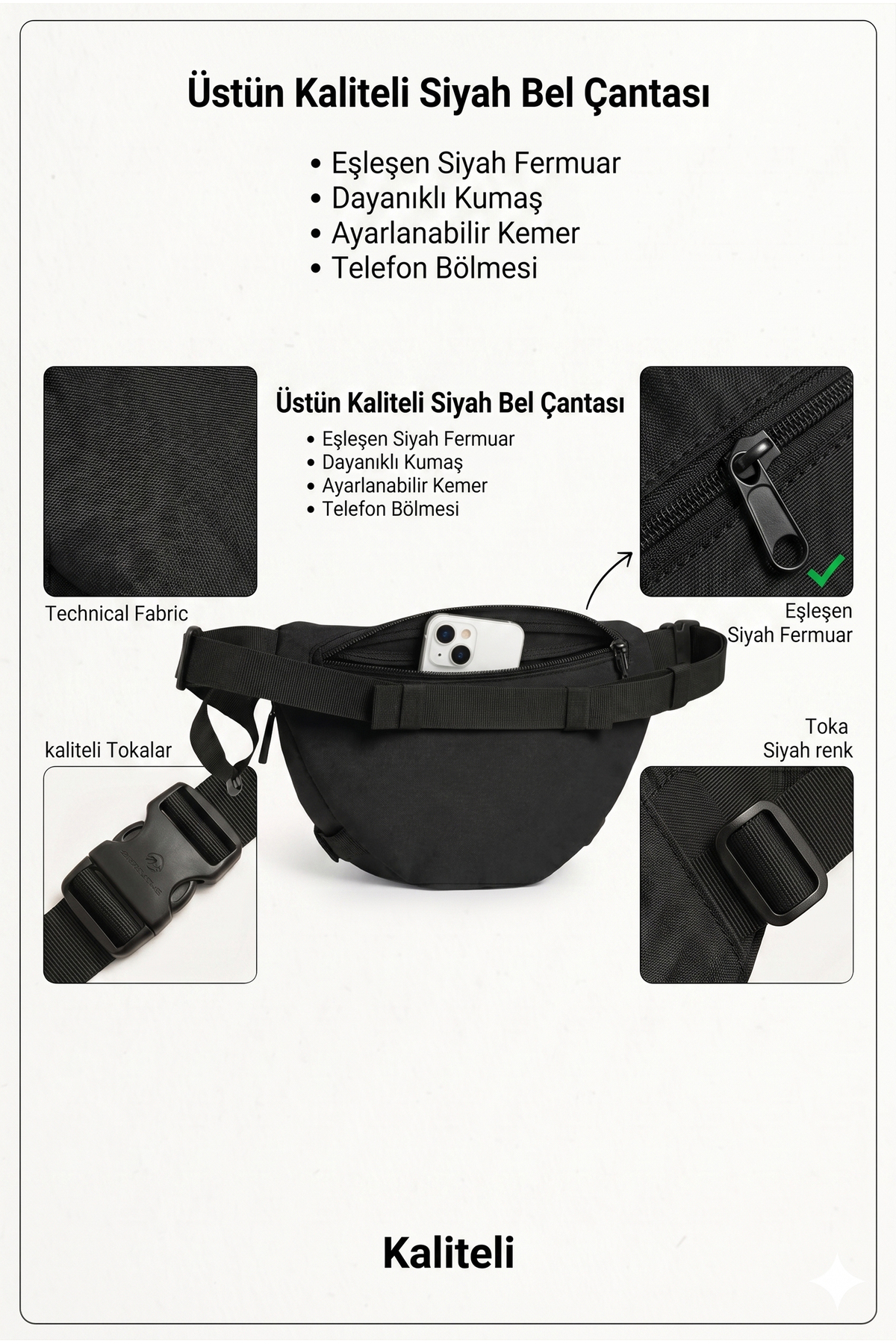 Alone Unisex Siyah Fonksiyonel Bel Çantası - Ayarlanabilir Omuz Çantası-6060 görsel 5