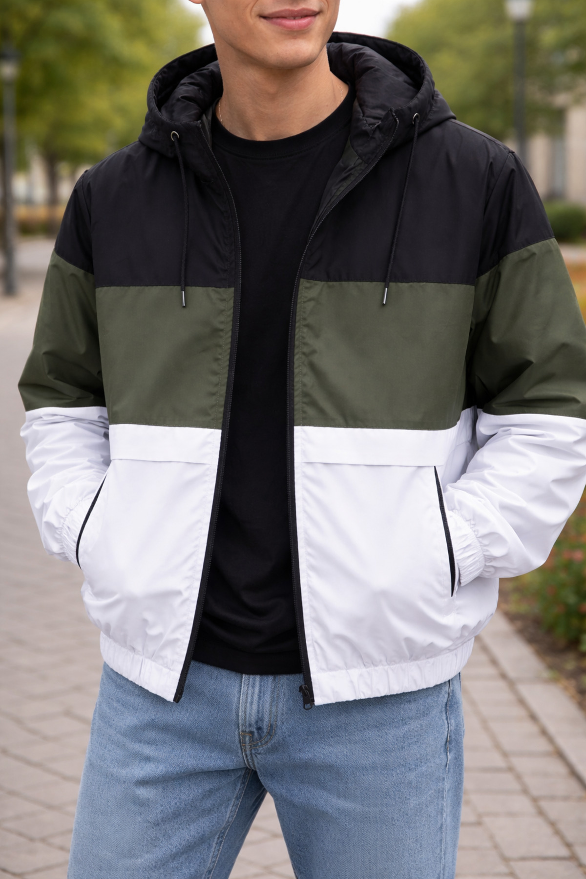 DAMGA JEANS Erkek Trend Desenli Haki Fermuarlı Yağmurluk görsel 5