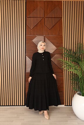 Dayfabric Düğme Detaylı Rahat Kesim Dokulu İkili Takım | Siyah