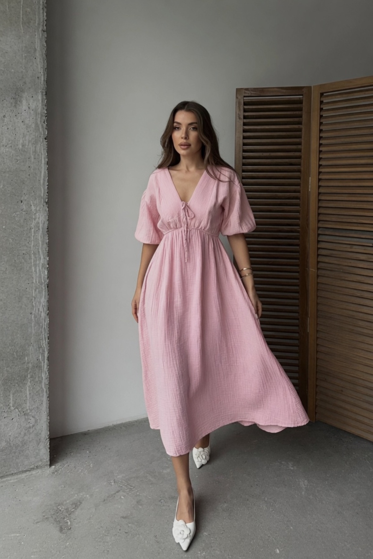 Women's V-Neck Candy Pink Muslin Fabric Short Sleeve Dress