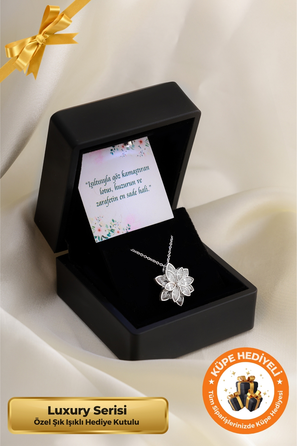 Lucente Jewellery Işıklı Hediye Kutulu Aşk Şans Bolluk Bereket ve İç Huzur Simgesi 925 Ayar Luxury Serisi Beyaz Taşlı Katmanlı Lotus Modeli Gümüş Özel Gün Hediyesi 45 Cm Zincirli Küpe Hediyeli Lotus Çiçeği Kadın Kolye