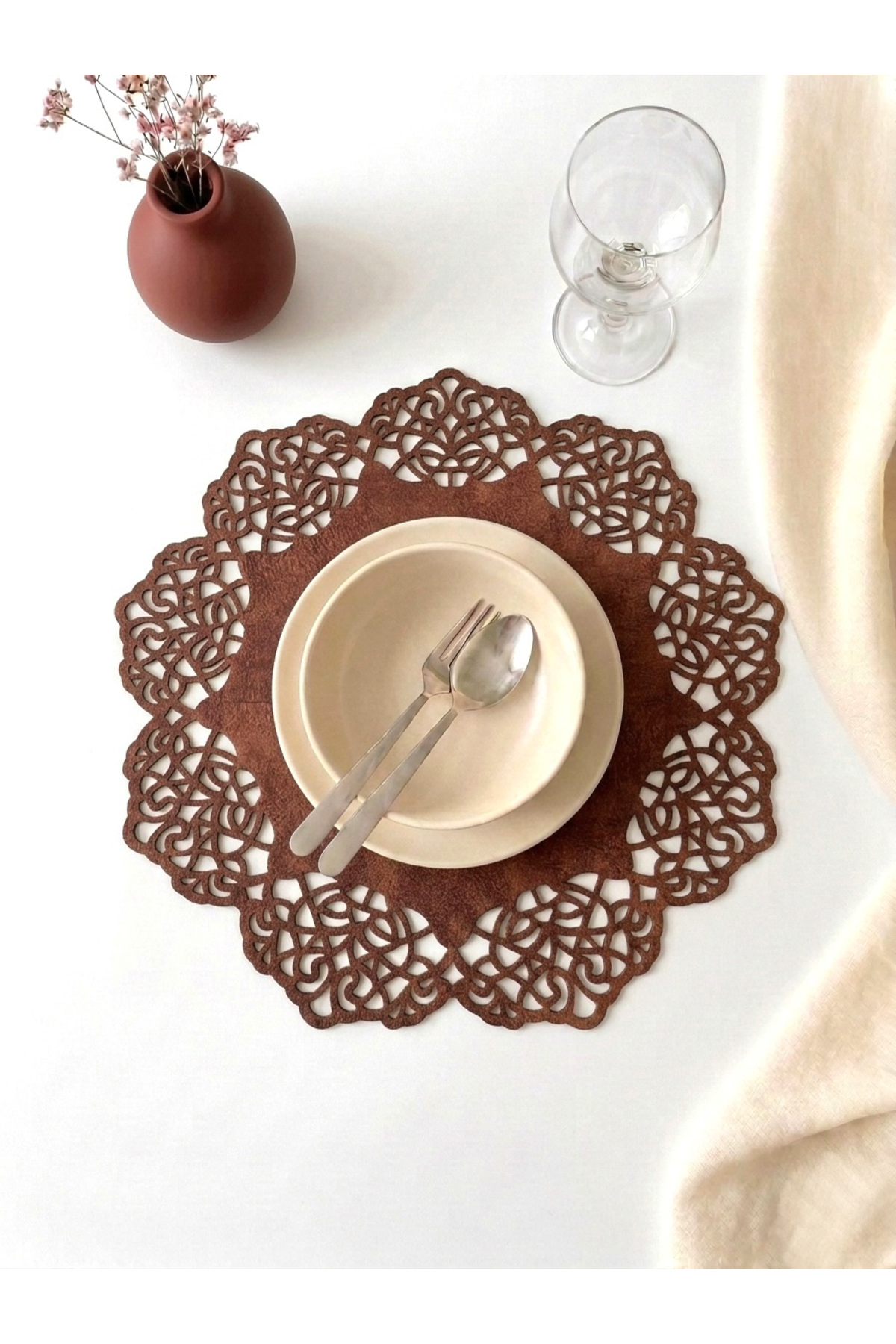 Red Brown Suede Fabric American Service Underplate 35x35 Cm Round Set of 6 - Stylish and Durable