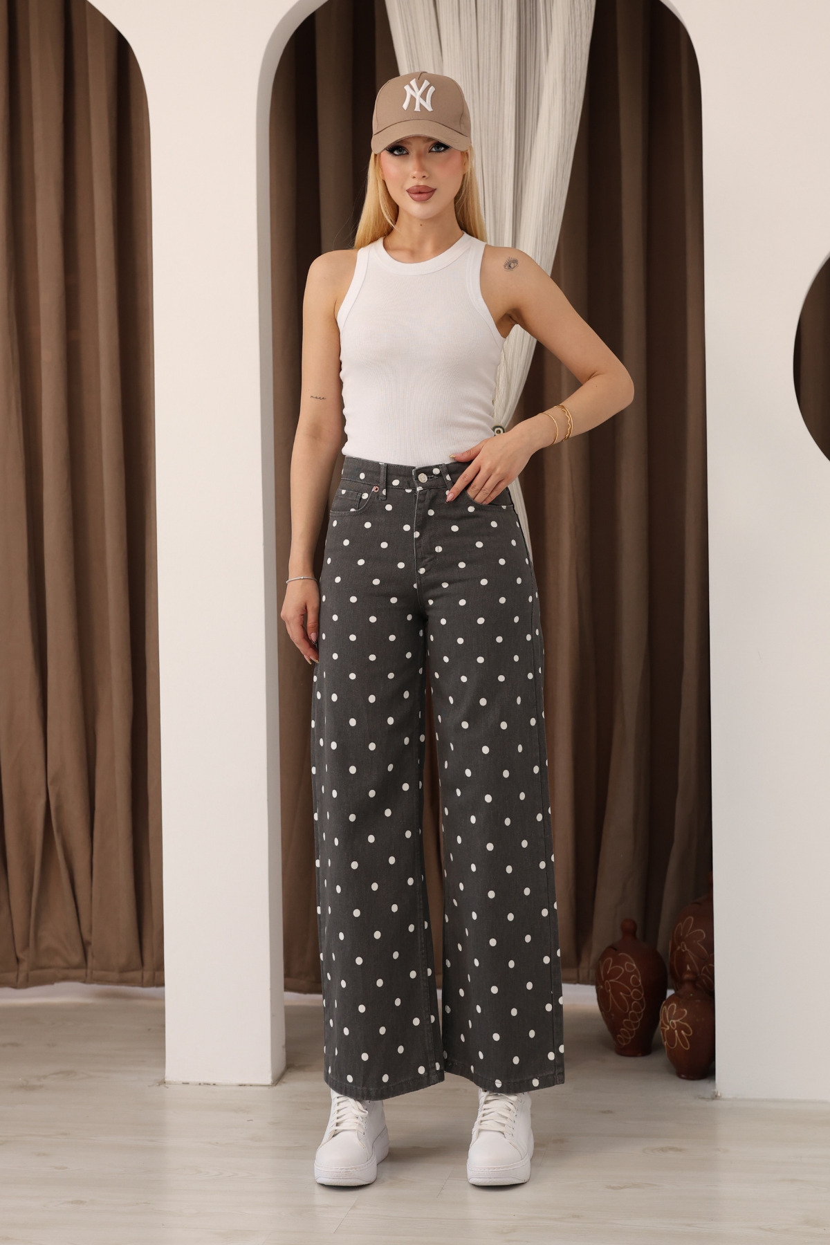 Kadın Füme Beyaz Puantiyeli Yüksek Bel Wide Leg Culotte Jean Pantolon Salaş Retro Denim