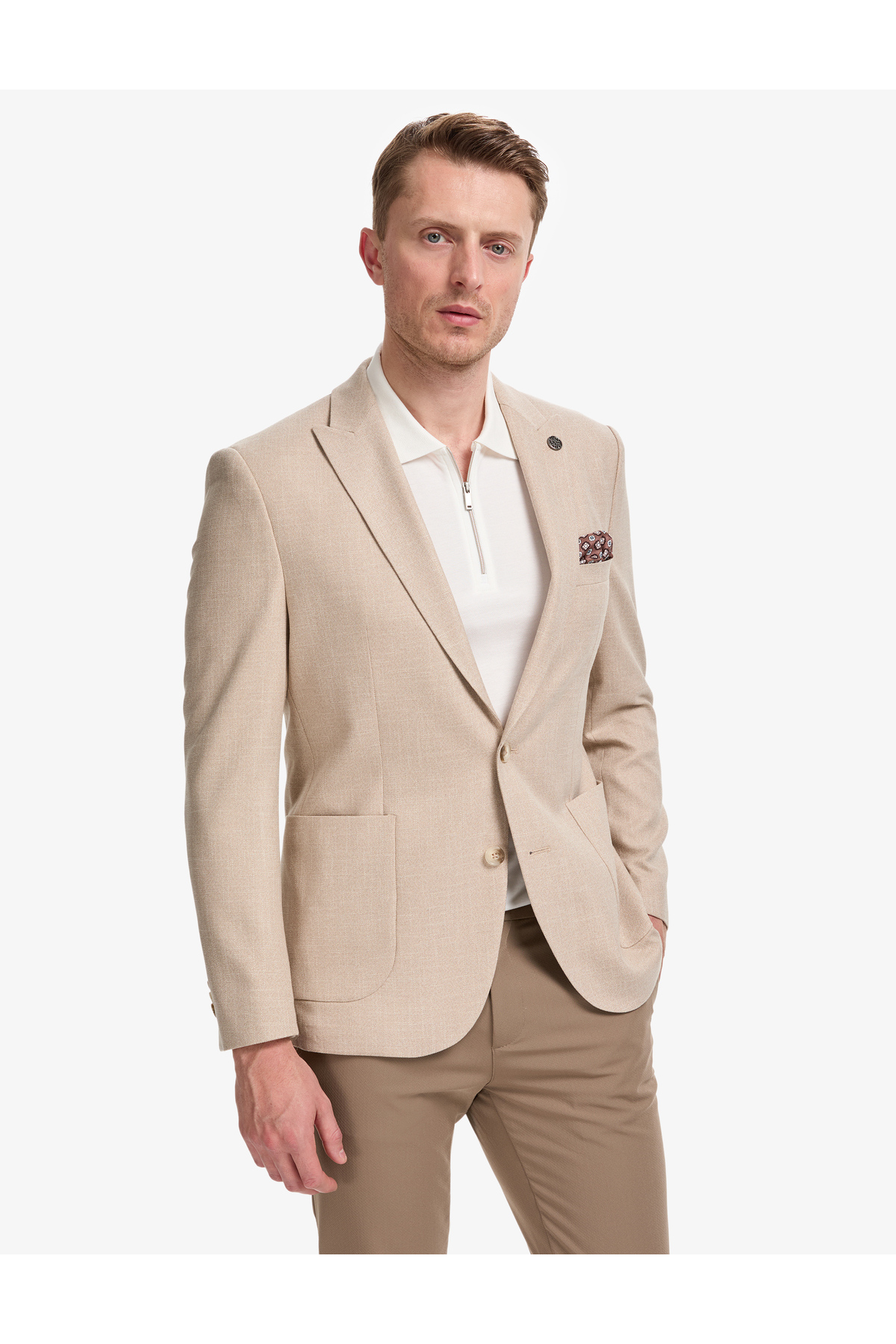 کاپشن ۱۰۰٪ پنبه‌ای قهوه‌ای روشن مدل Slim Fit، کد ۵۰۳۱۹۵۹۵-VR۰۰۲ پیر کاردین کت بلیزر Pierre Cardin