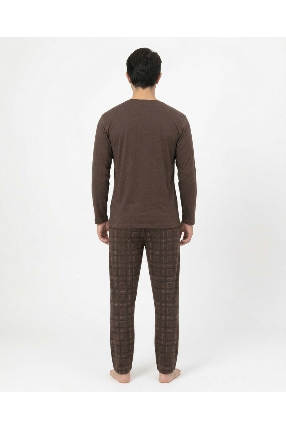 Sude HOMEWEAR Erkek Uzun Kol Kahverengi Önü Yazılı Pijama Takımı görsel 3